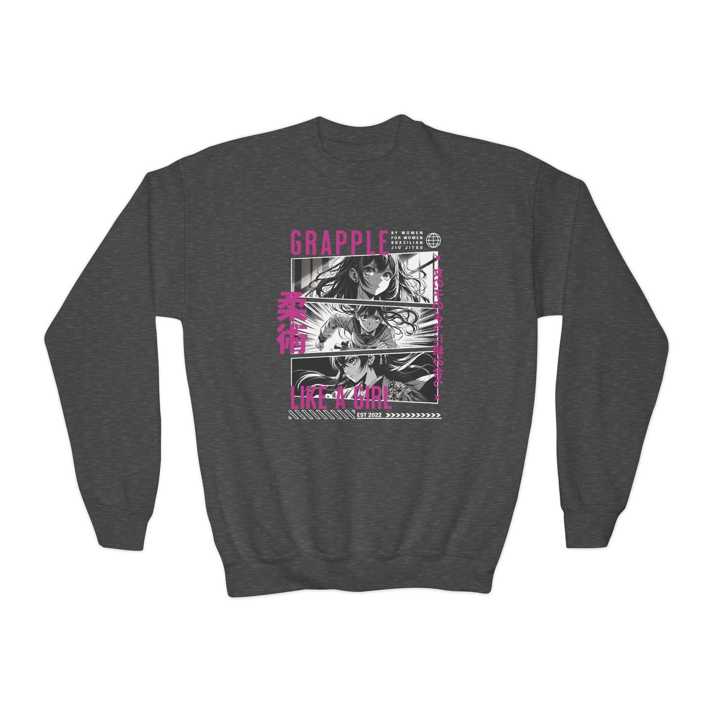 Grapple Like A Girl Youth Crewneck Sweatshirt - Anime Girl