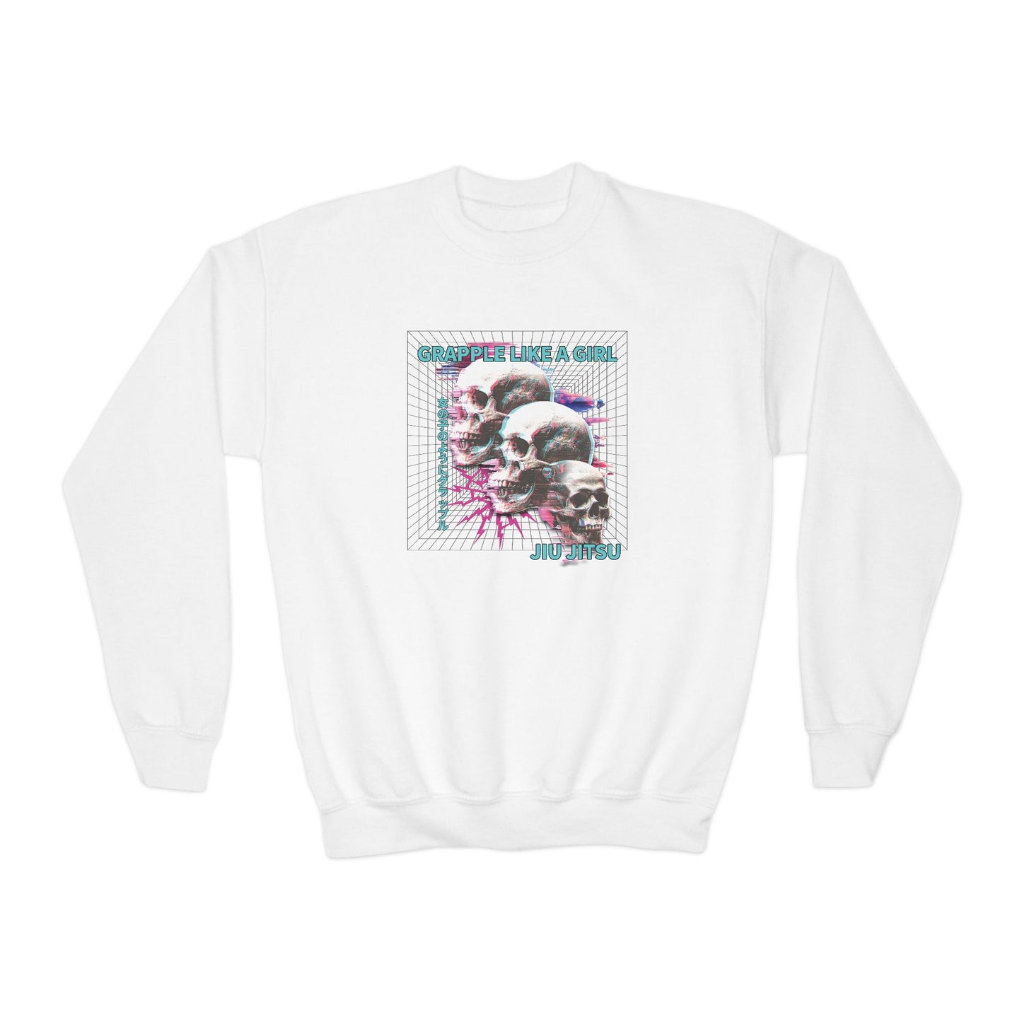 Grapple Like A Girl Youth Crewneck Sweatshirt - Neon Skulls