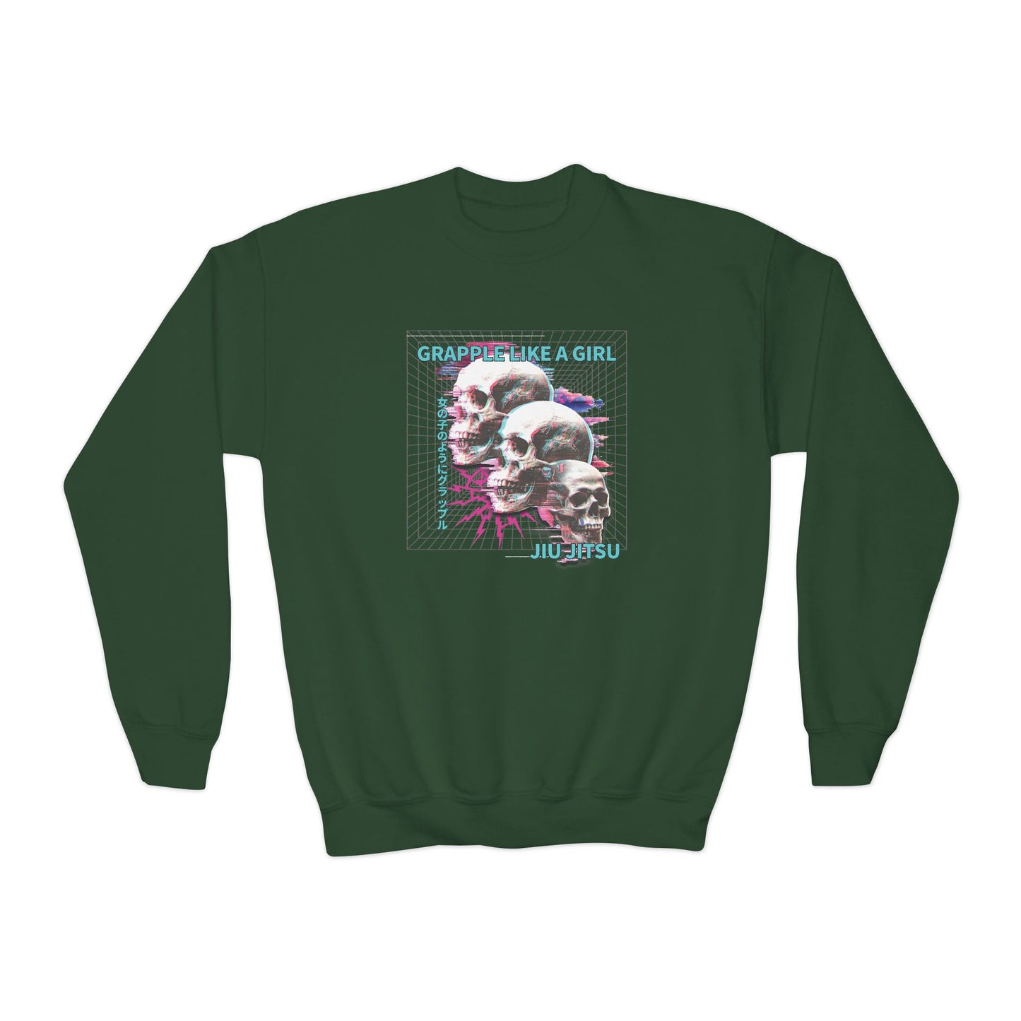 Grapple Like A Girl Youth Crewneck Sweatshirt - Neon Skulls