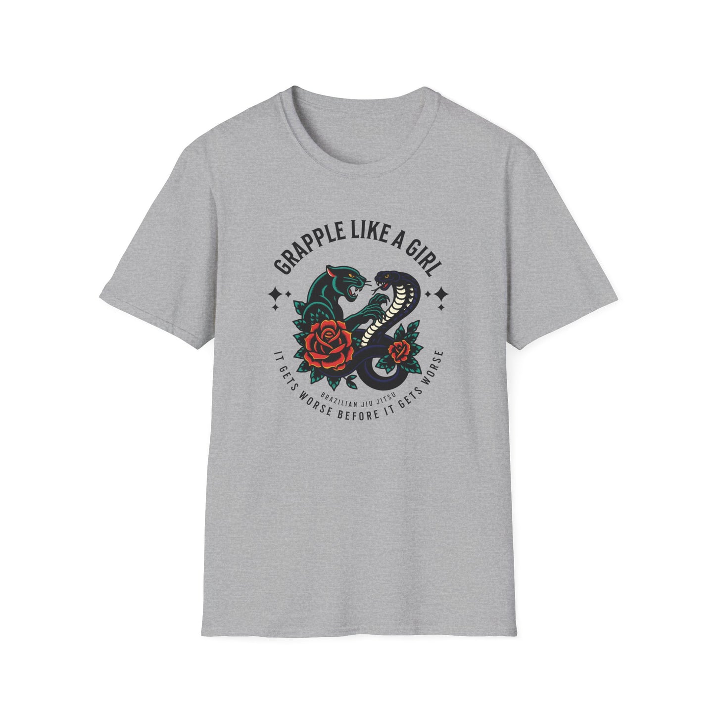 Women's Grapple like a Girl BJJ Unisex Softstyle T-Shirt - It Gets Worse