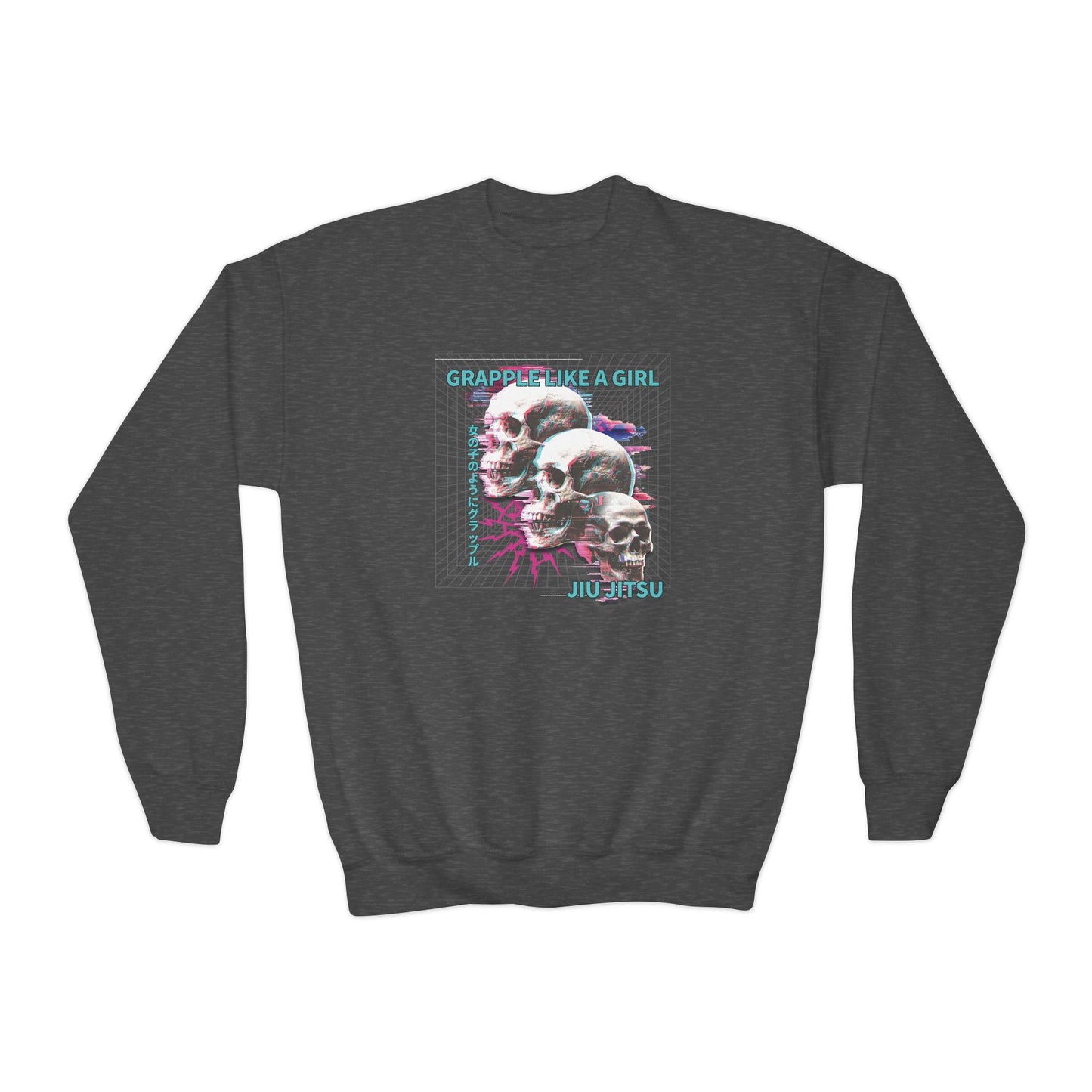 Grapple Like A Girl Youth Crewneck Sweatshirt - Neon Skulls