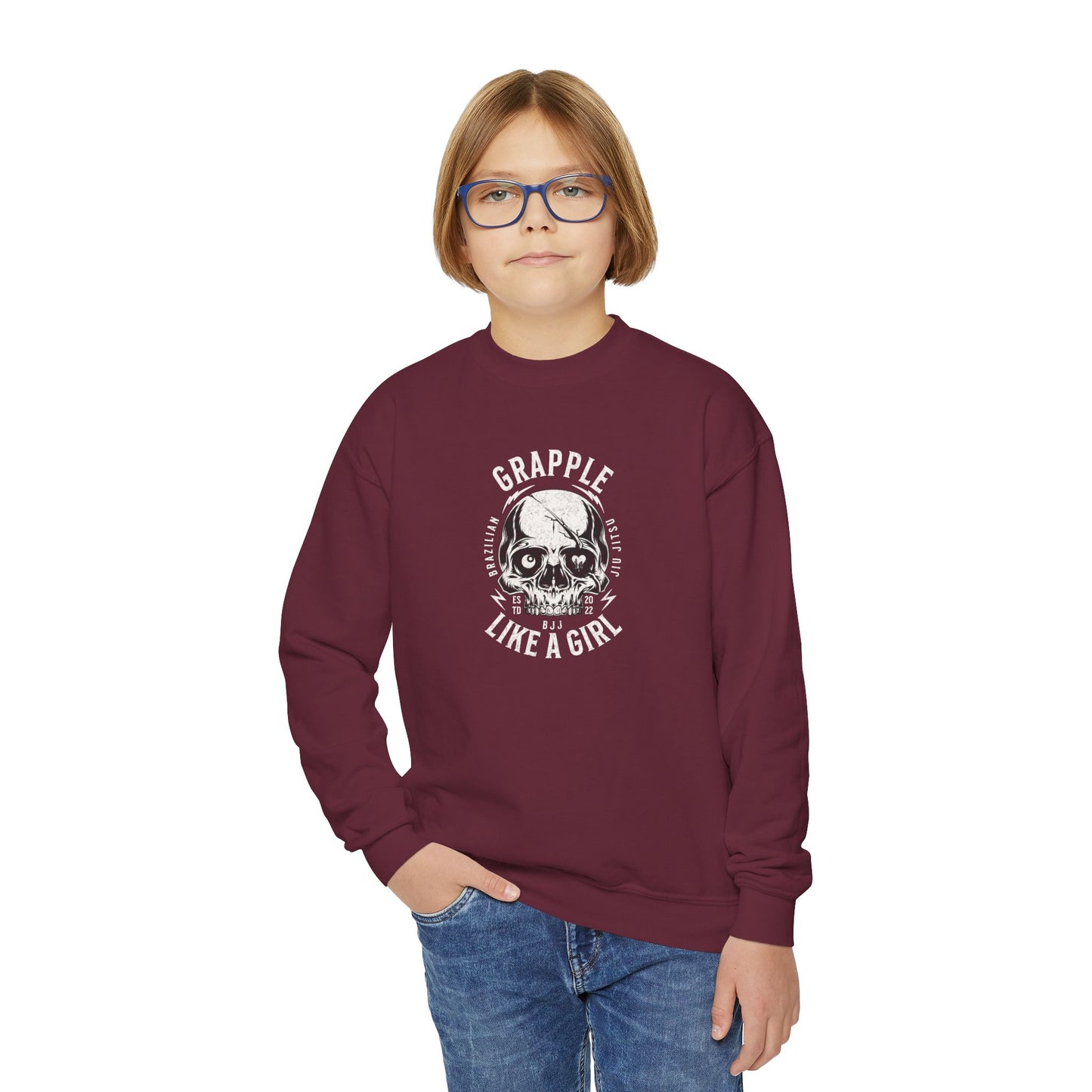 Grapple Like A Girl Youth Crewneck Sweatshirt - Skull