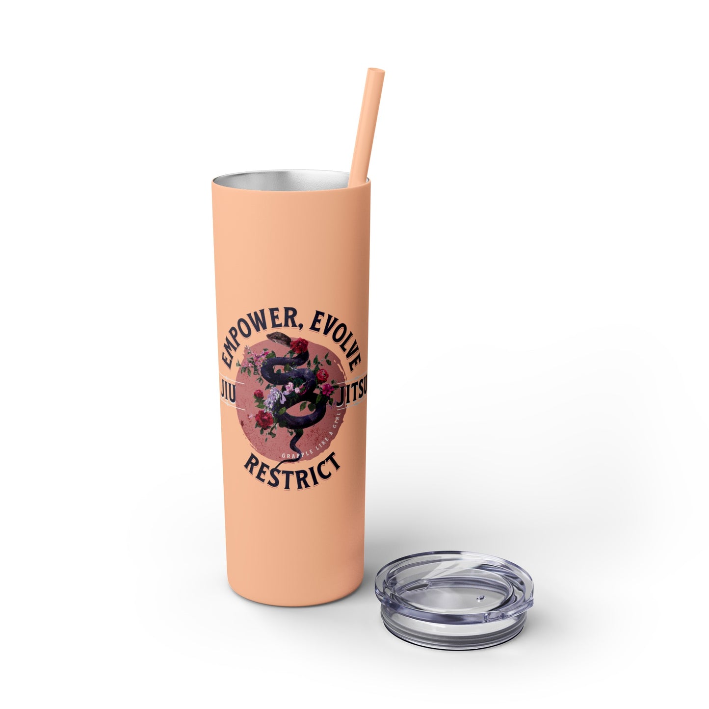 Ladies BJJ Empower, Evolve, Restrict Skinny BJJ Gift Tumbler with Straw, 20oz