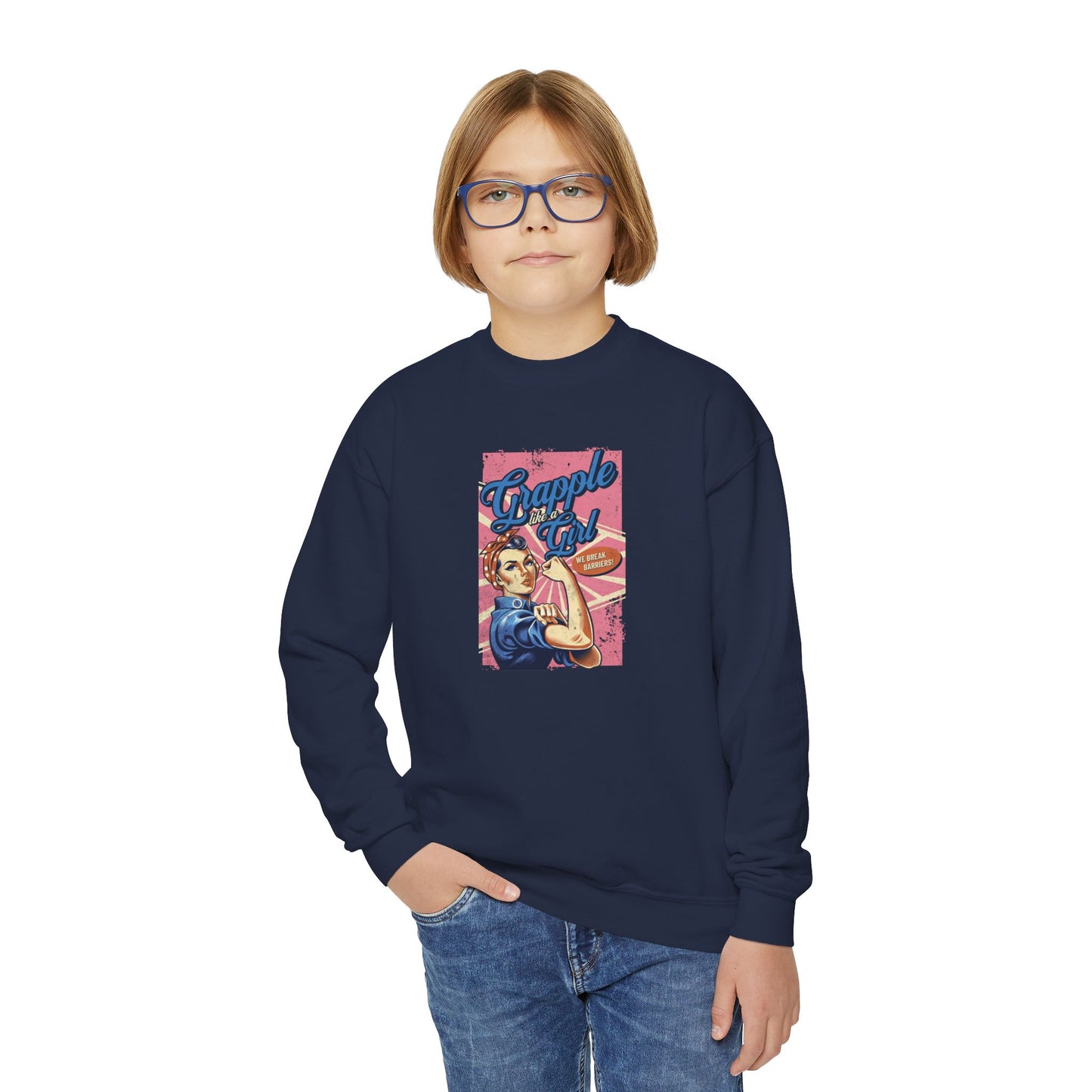 Grapple Like A Girl Youth Crewneck Sweatshirt - Women's History Month