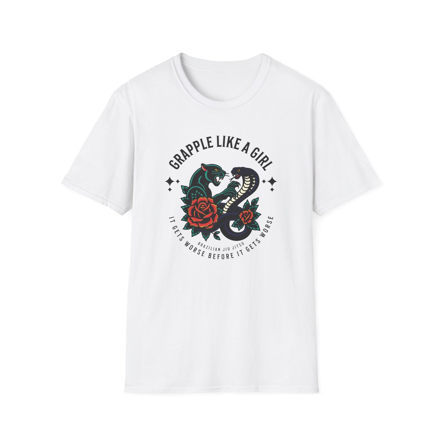 Women's Grapple like a Girl BJJ Unisex Softstyle T-Shirt - It Gets Worse