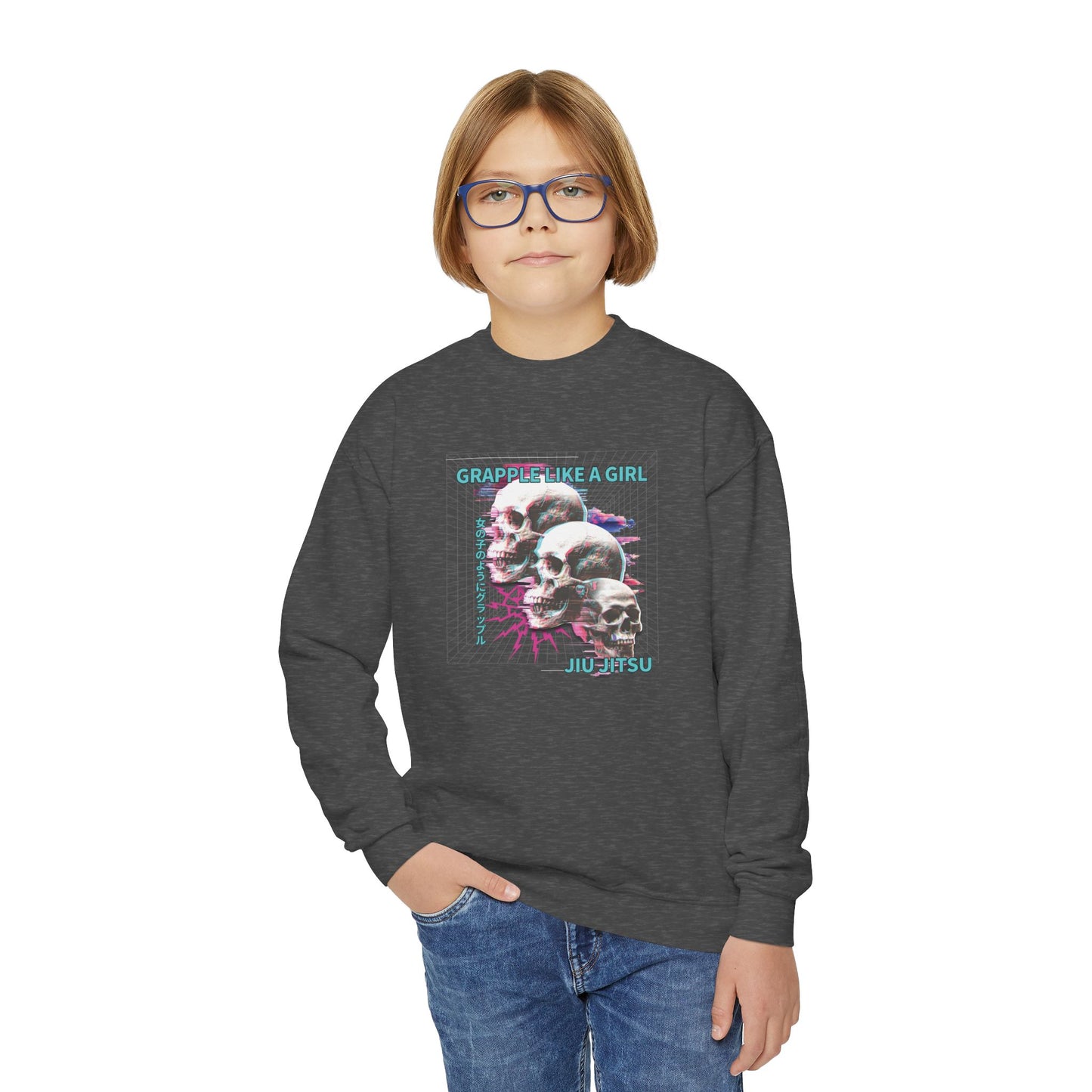 Grapple Like A Girl Youth Crewneck Sweatshirt - Neon Skulls