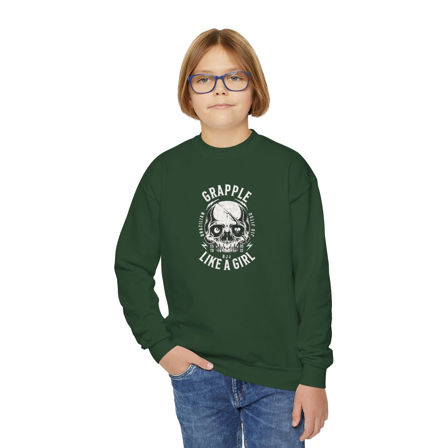 Grapple Like A Girl Youth Crewneck Sweatshirt - Skull