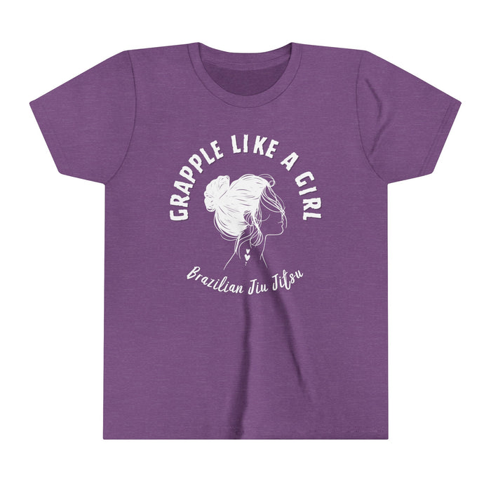 Purple t-shirt with 'Grapple Like a Girl' graphic and text on a white background