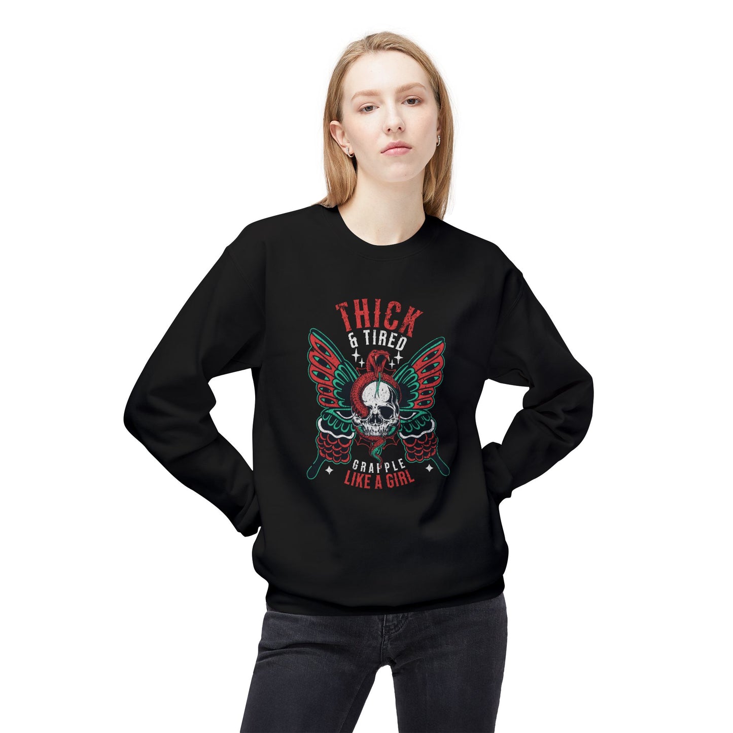 Crewneck Sweatshirt - Grapple Like a Girl Thick & Tired BJJ Sweater
