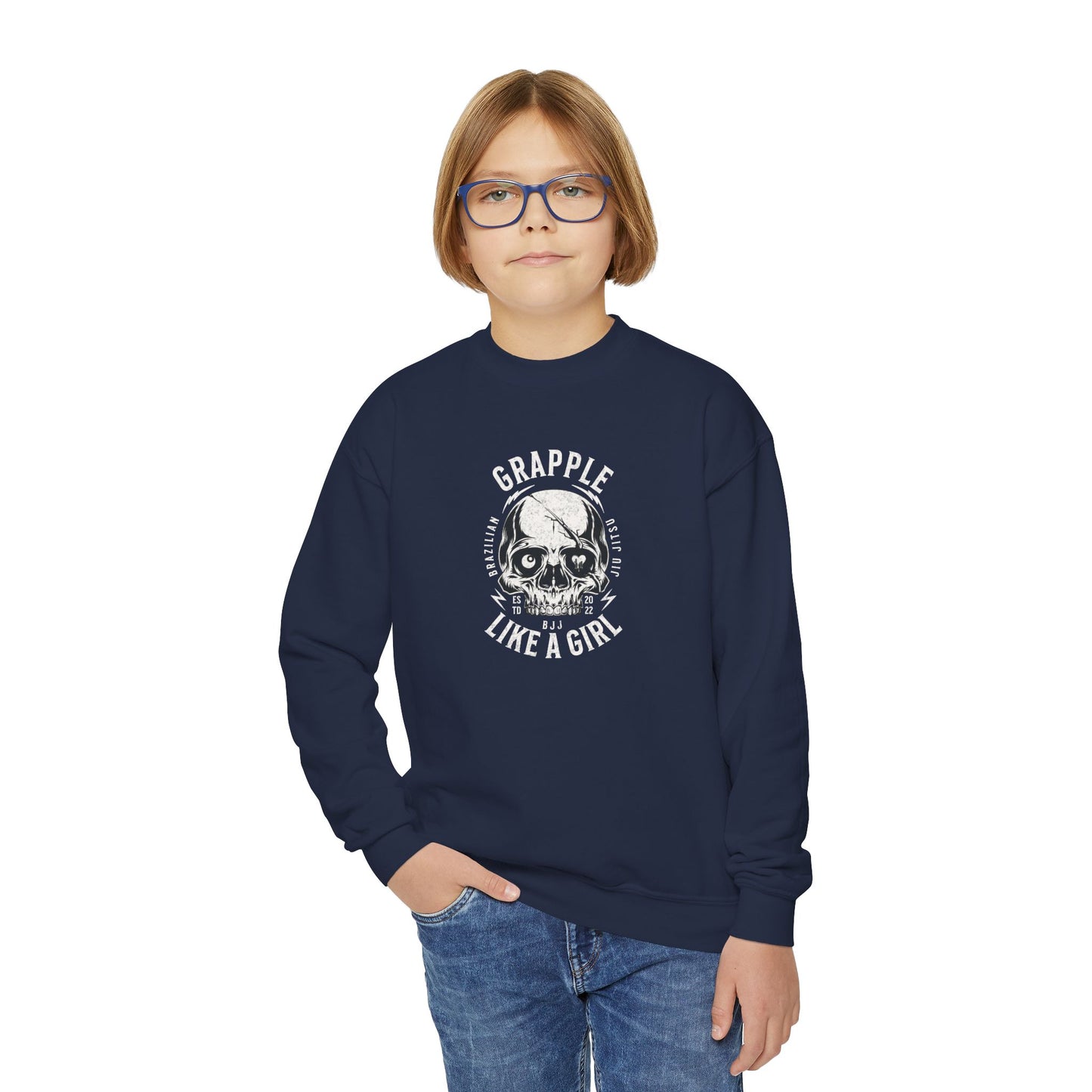 Grapple Like A Girl Youth Crewneck Sweatshirt - Skull