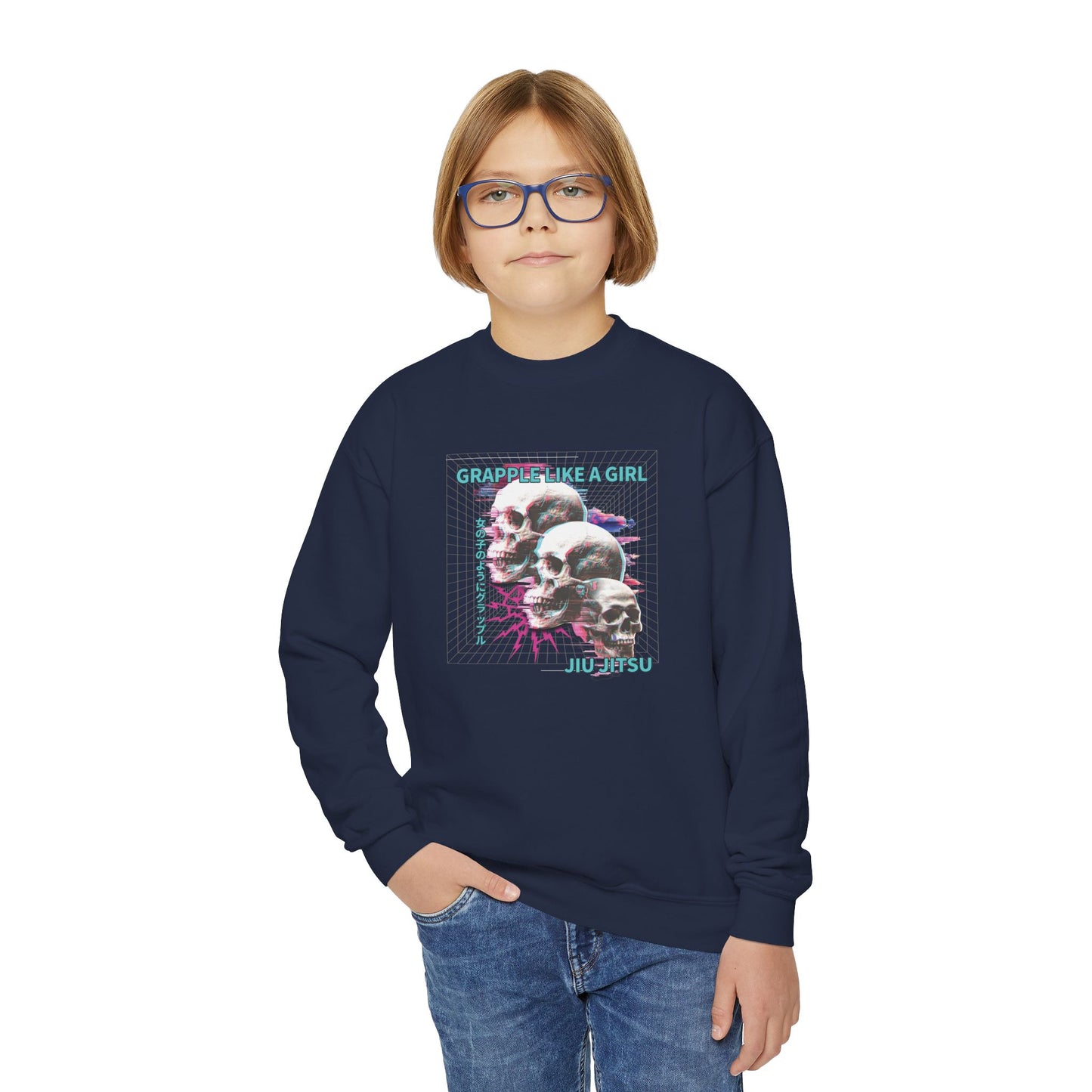Grapple Like A Girl Youth Crewneck Sweatshirt - Neon Skulls