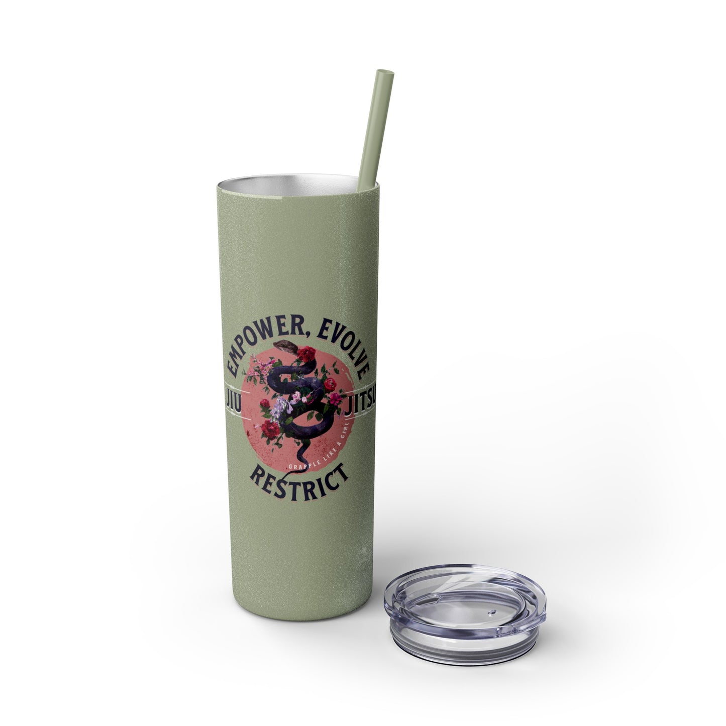 Ladies BJJ Empower, Evolve, Restrict Skinny BJJ Gift Tumbler with Straw, 20oz