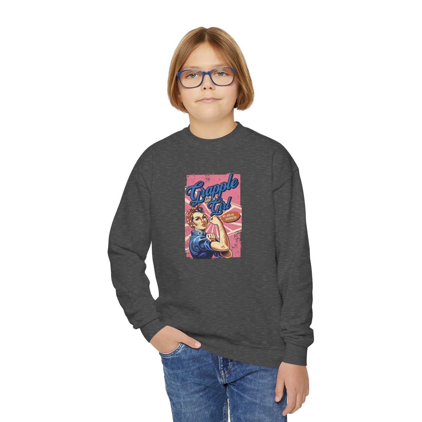 Grapple Like A Girl Youth Crewneck Sweatshirt - Women's History Month