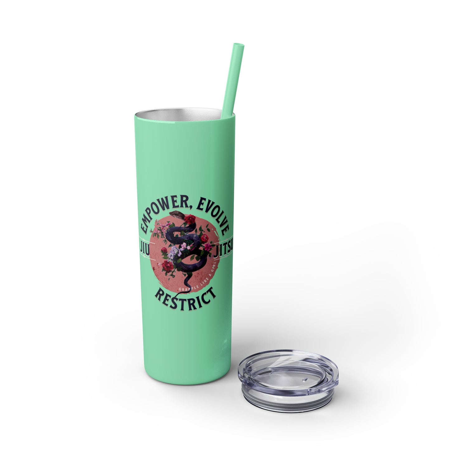 Ladies BJJ Empower, Evolve, Restrict Skinny BJJ Gift Tumbler with Straw, 20oz