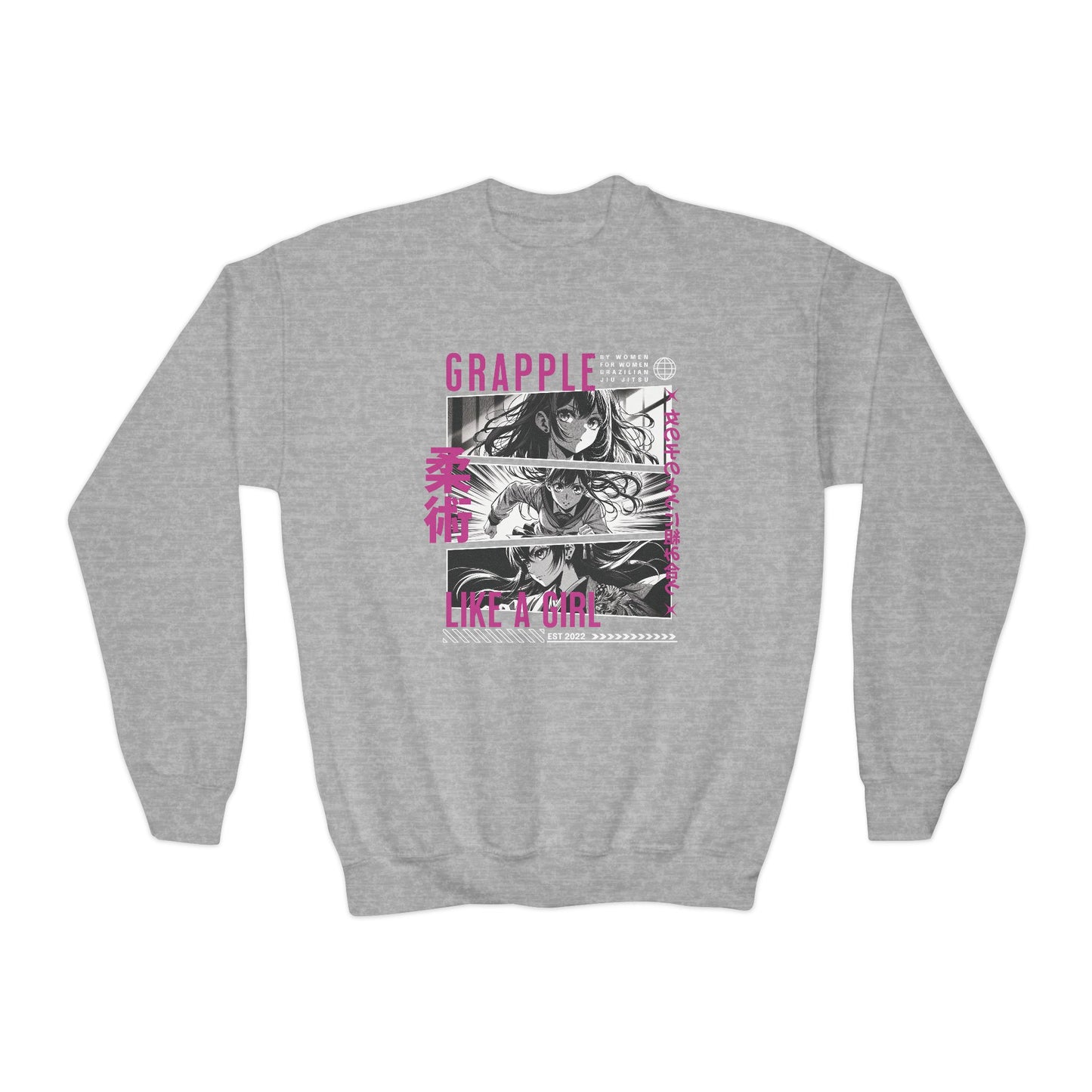 Grapple Like A Girl Youth Crewneck Sweatshirt - Anime Girl