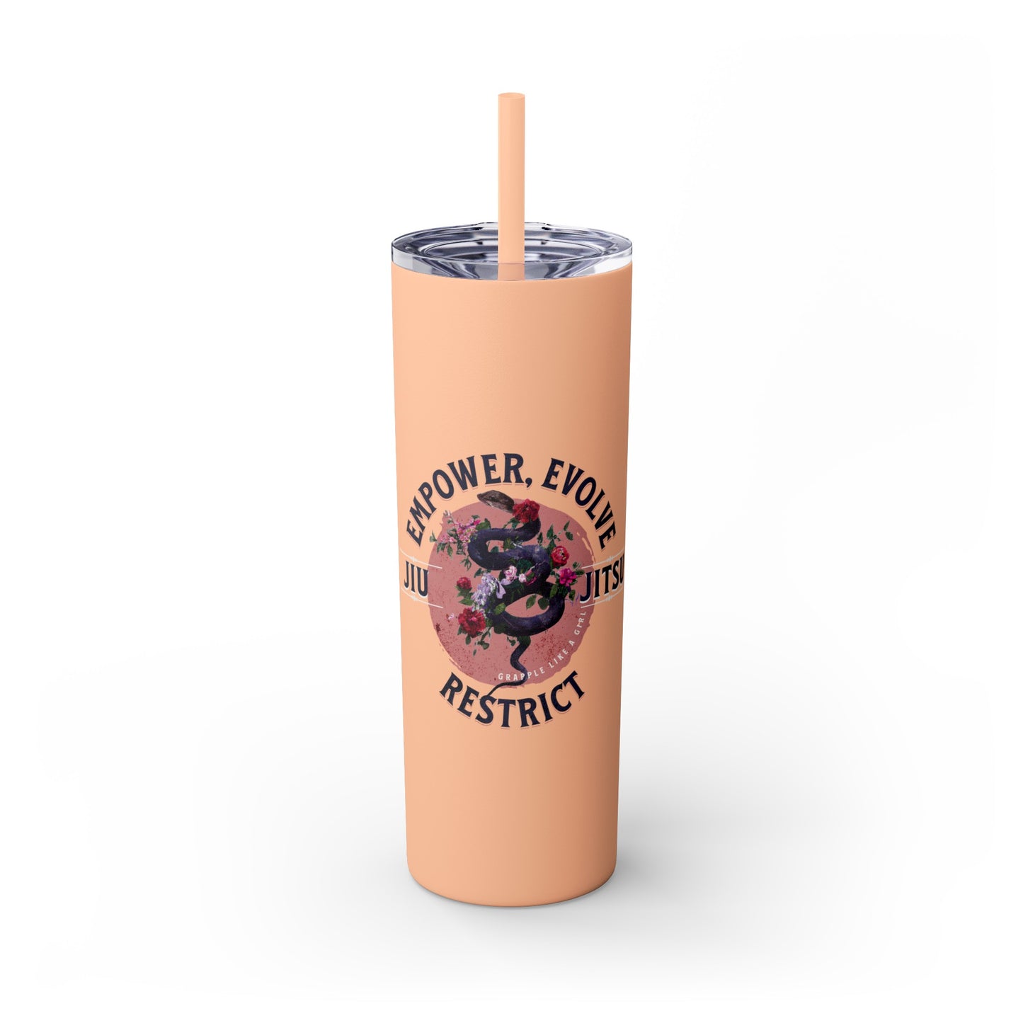 Ladies BJJ Empower, Evolve, Restrict Skinny BJJ Gift Tumbler with Straw, 20oz