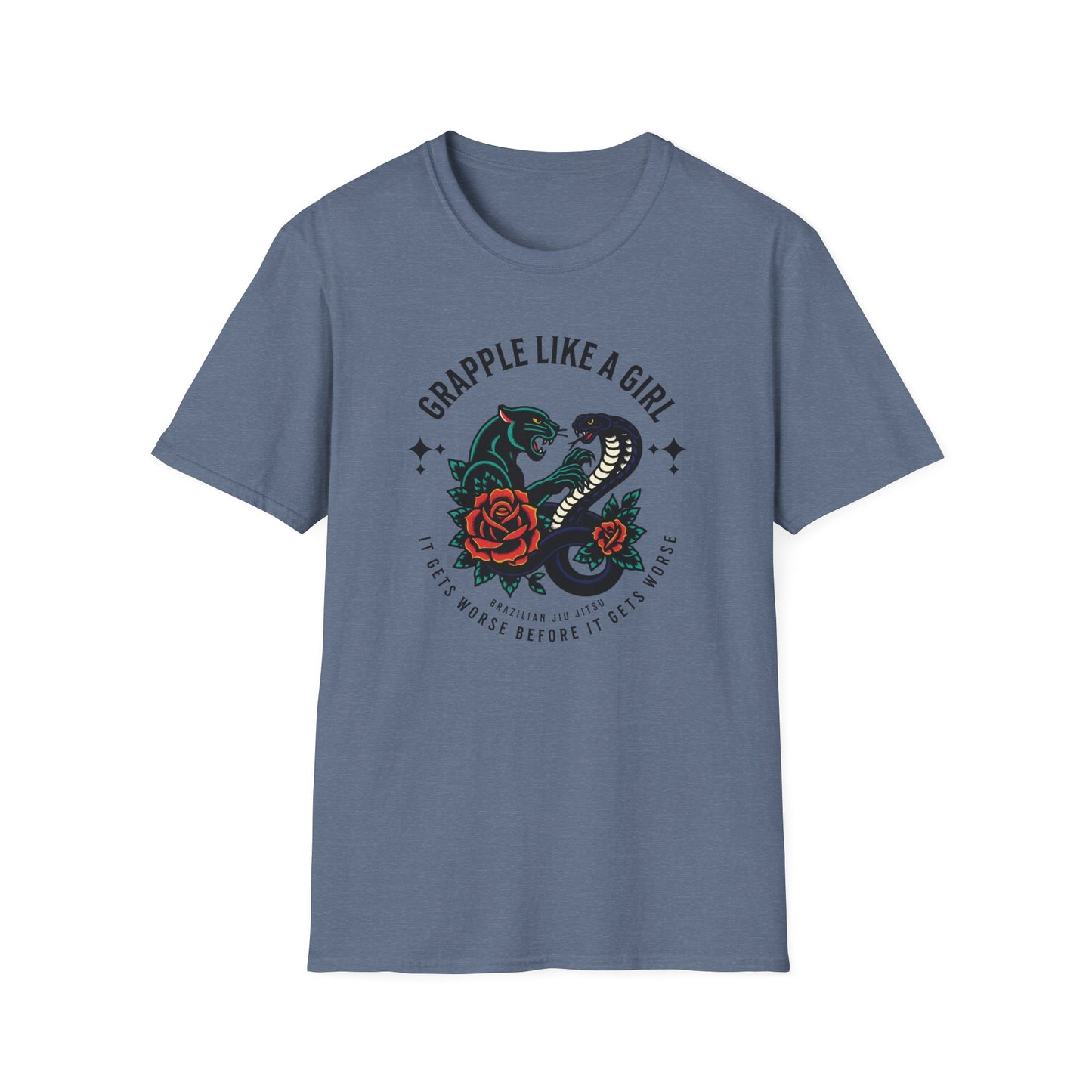 Women's Grapple like a Girl BJJ Unisex Softstyle T-Shirt - It Gets Worse