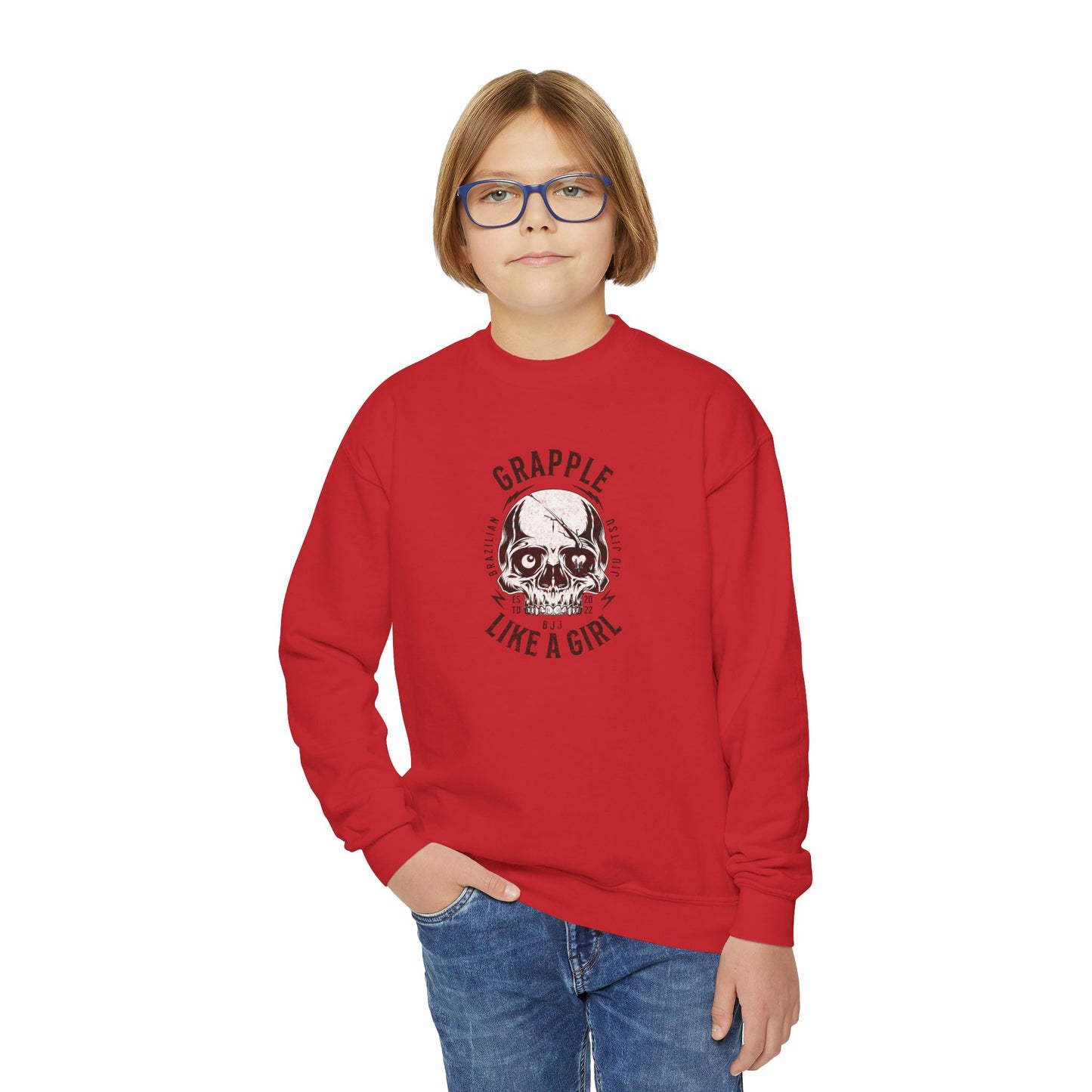 Grapple Like A Girl Youth Crewneck Sweatshirt - Skull