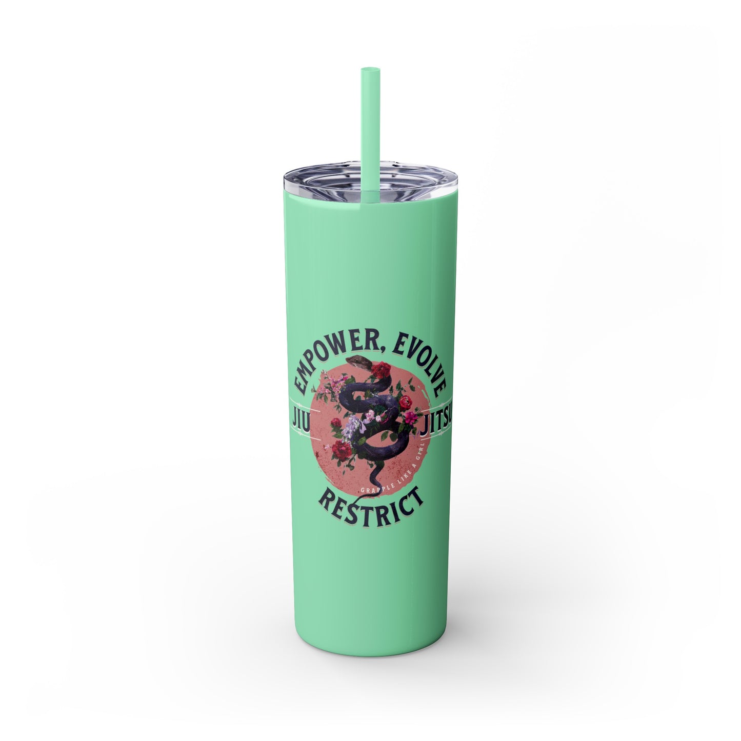 Ladies BJJ Empower, Evolve, Restrict Skinny BJJ Gift Tumbler with Straw, 20oz