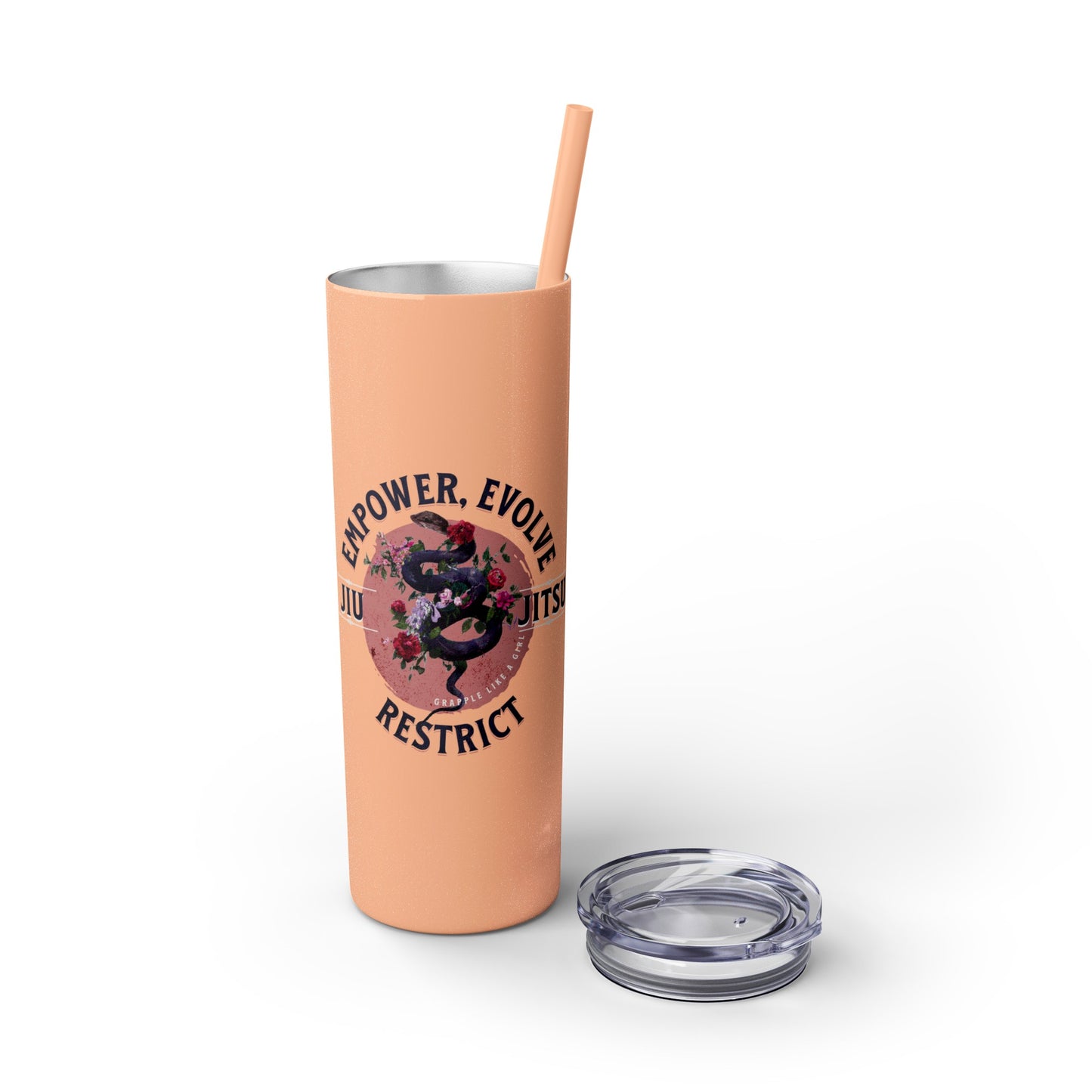Ladies BJJ Empower, Evolve, Restrict Skinny BJJ Gift Tumbler with Straw, 20oz