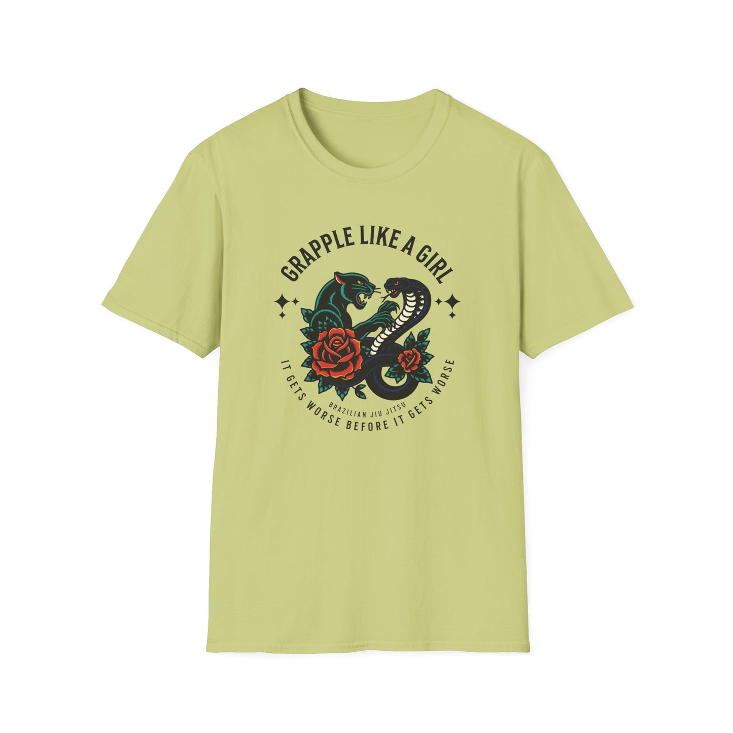 Women's Grapple like a Girl BJJ Unisex Softstyle T-Shirt - It Gets Worse