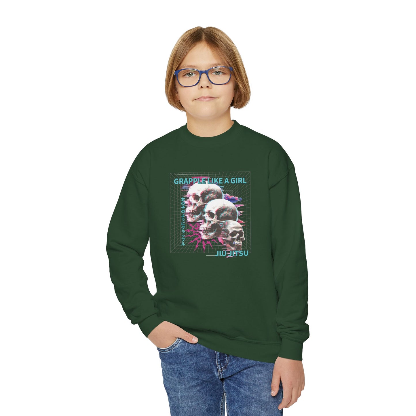 Grapple Like A Girl Youth Crewneck Sweatshirt - Neon Skulls