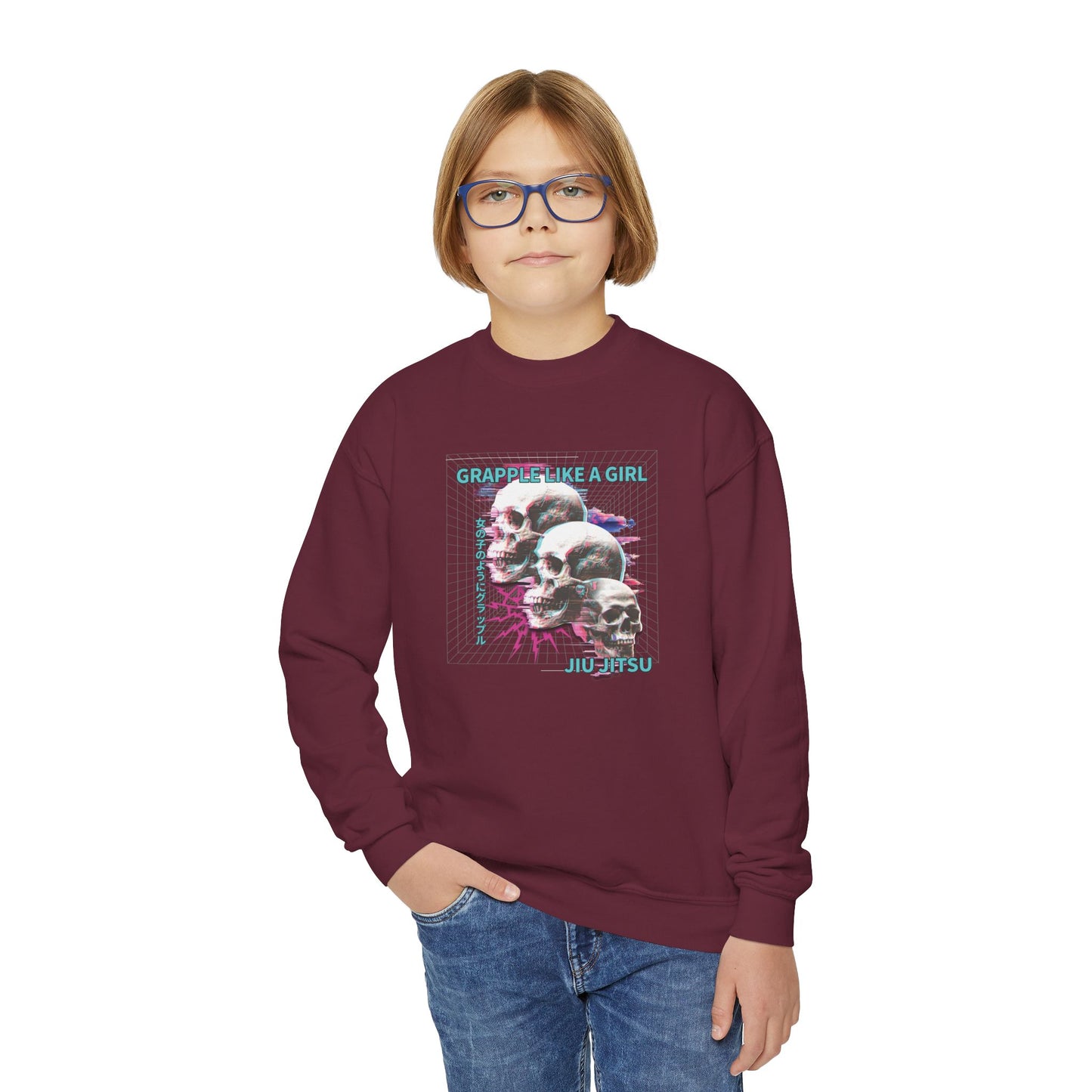 Grapple Like A Girl Youth Crewneck Sweatshirt - Neon Skulls