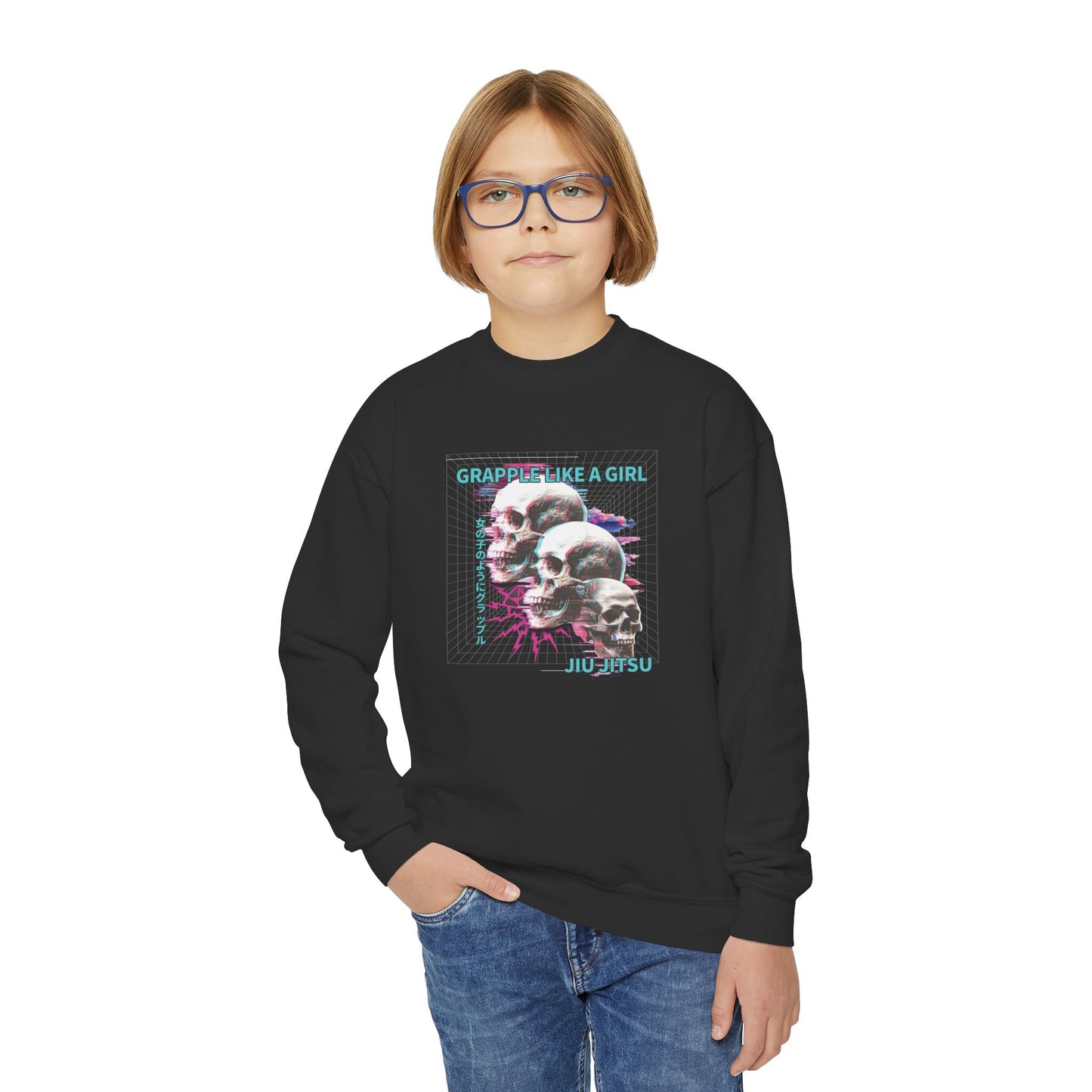 Grapple Like A Girl Youth Crewneck Sweatshirt - Neon Skulls