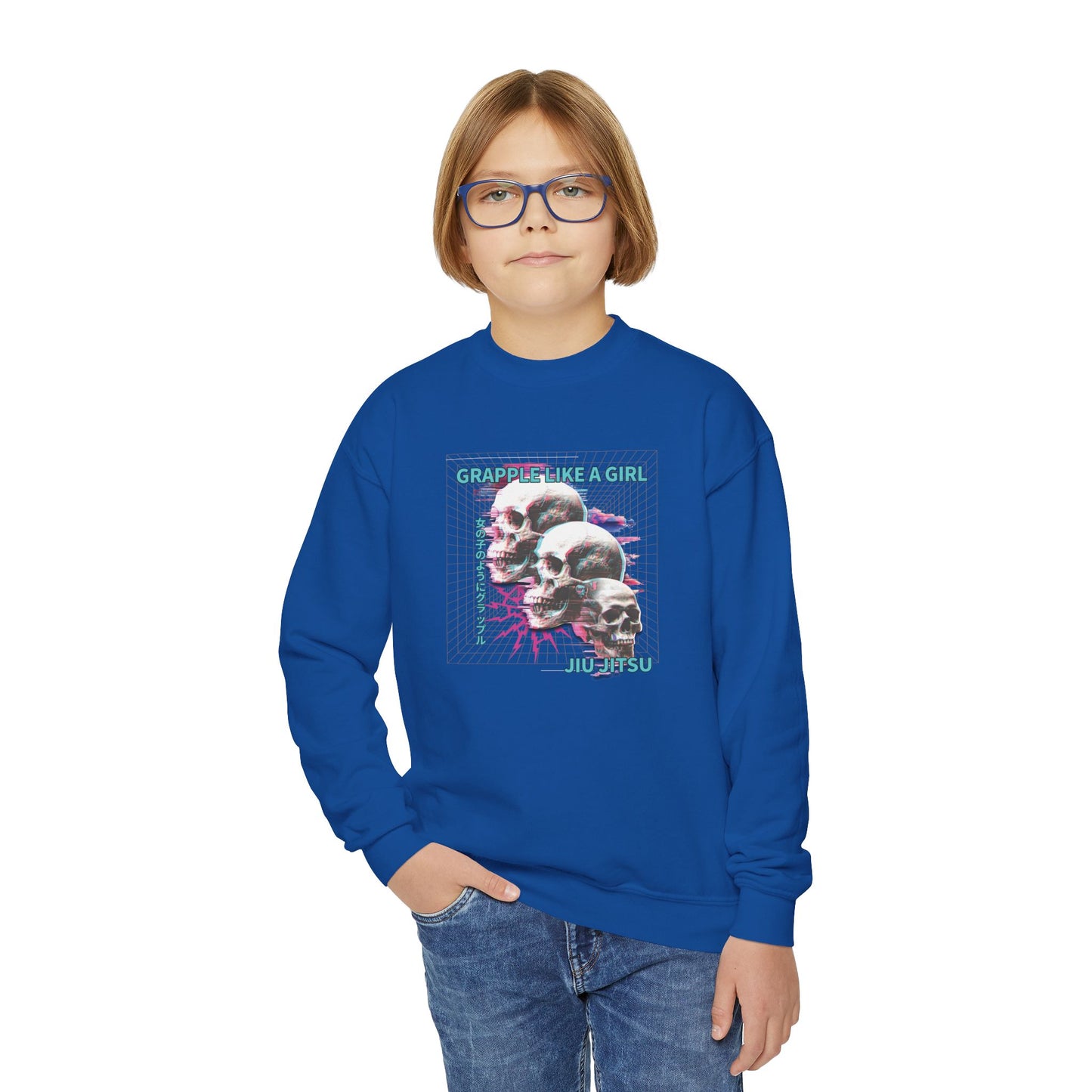 Grapple Like A Girl Youth Crewneck Sweatshirt - Neon Skulls