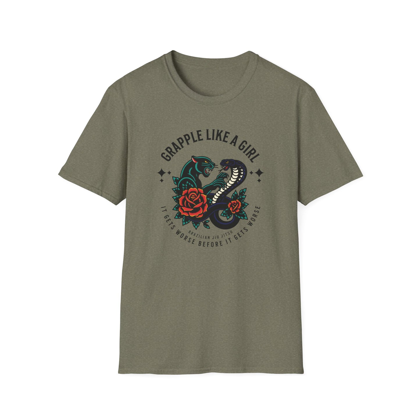 Women's Grapple like a Girl BJJ Unisex Softstyle T-Shirt - It Gets Worse
