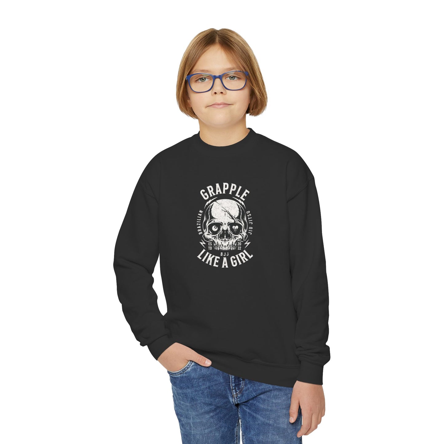 Grapple Like A Girl Youth Crewneck Sweatshirt - Skull