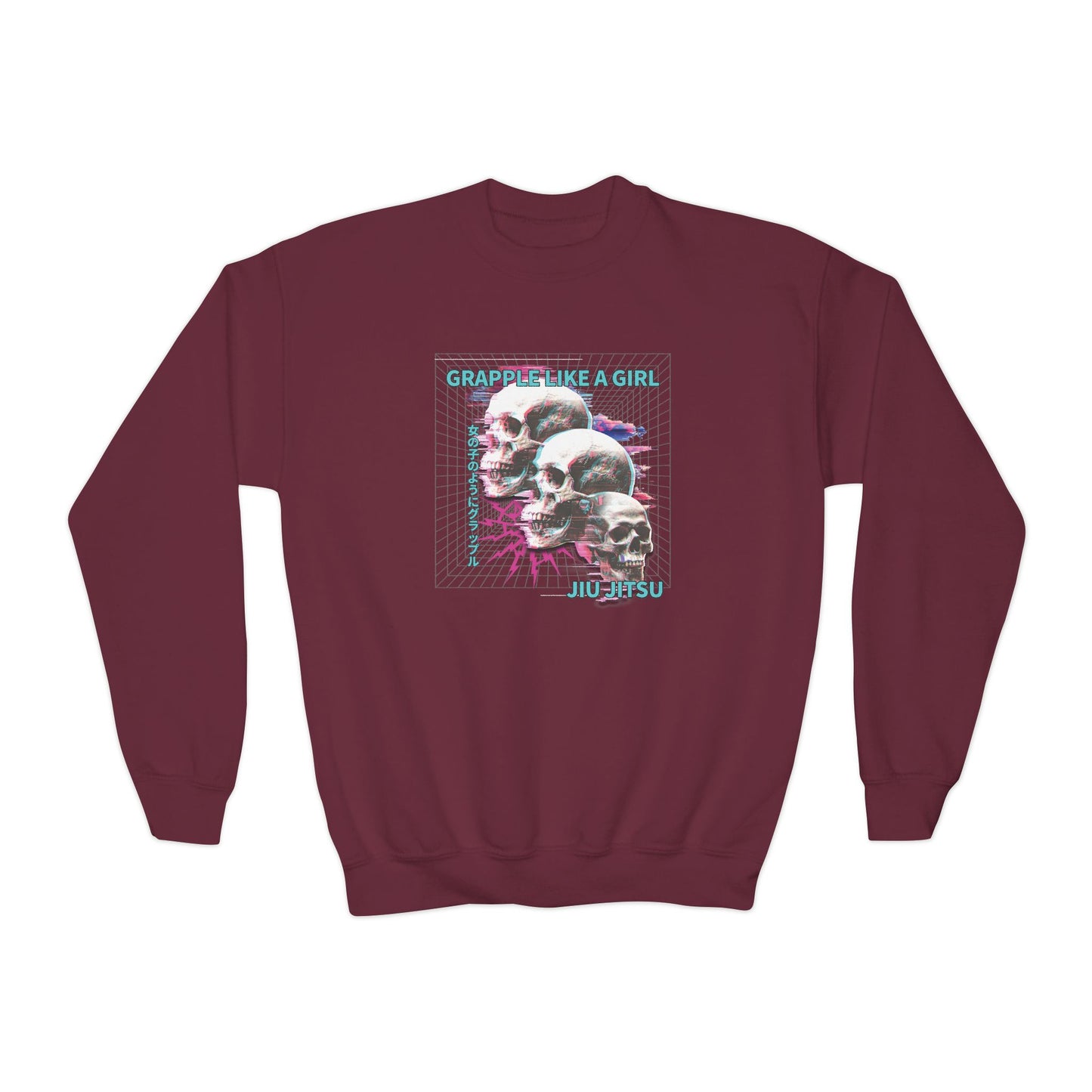 Grapple Like A Girl Youth Crewneck Sweatshirt - Neon Skulls