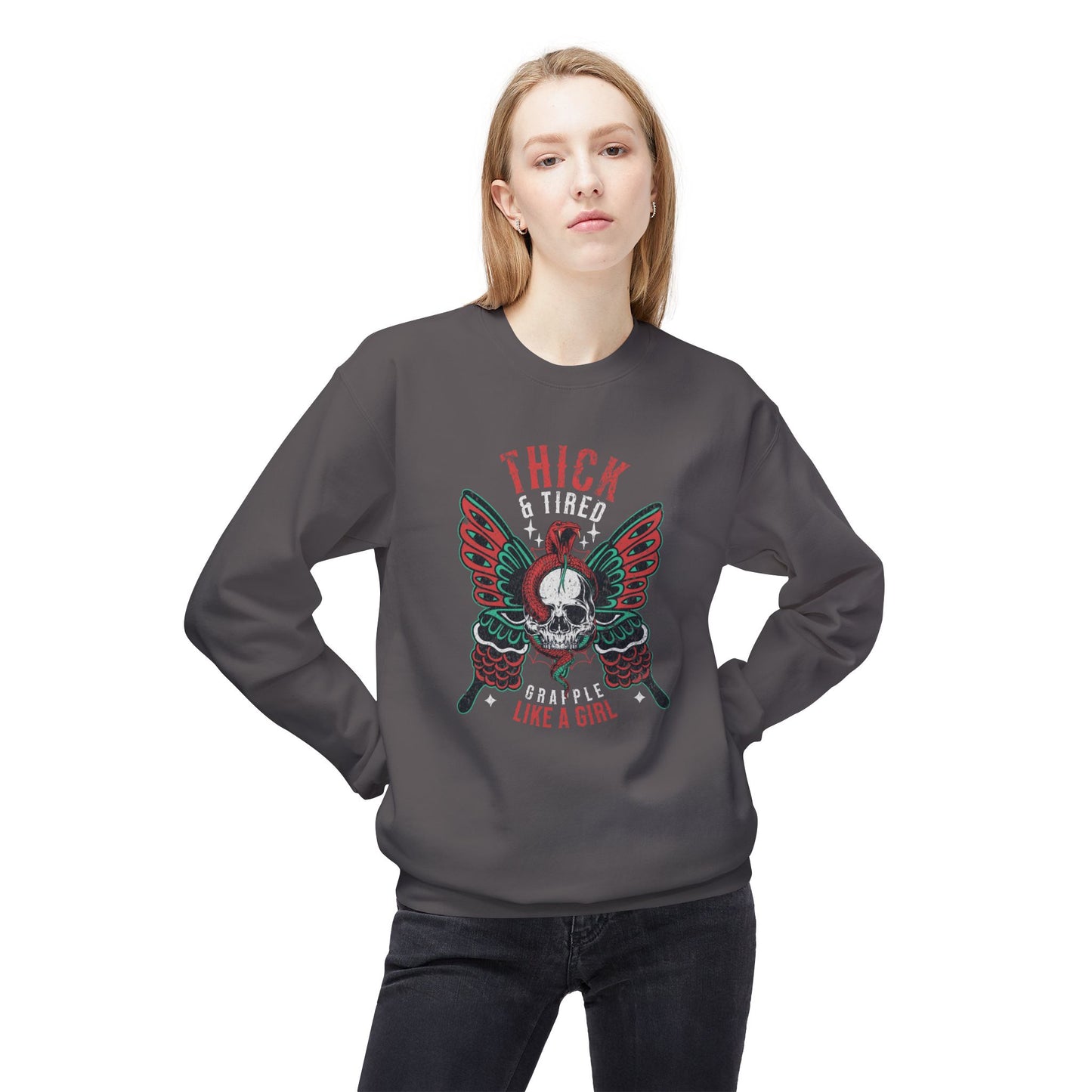 Crewneck Sweatshirt - Grapple Like a Girl Thick & Tired BJJ Sweater