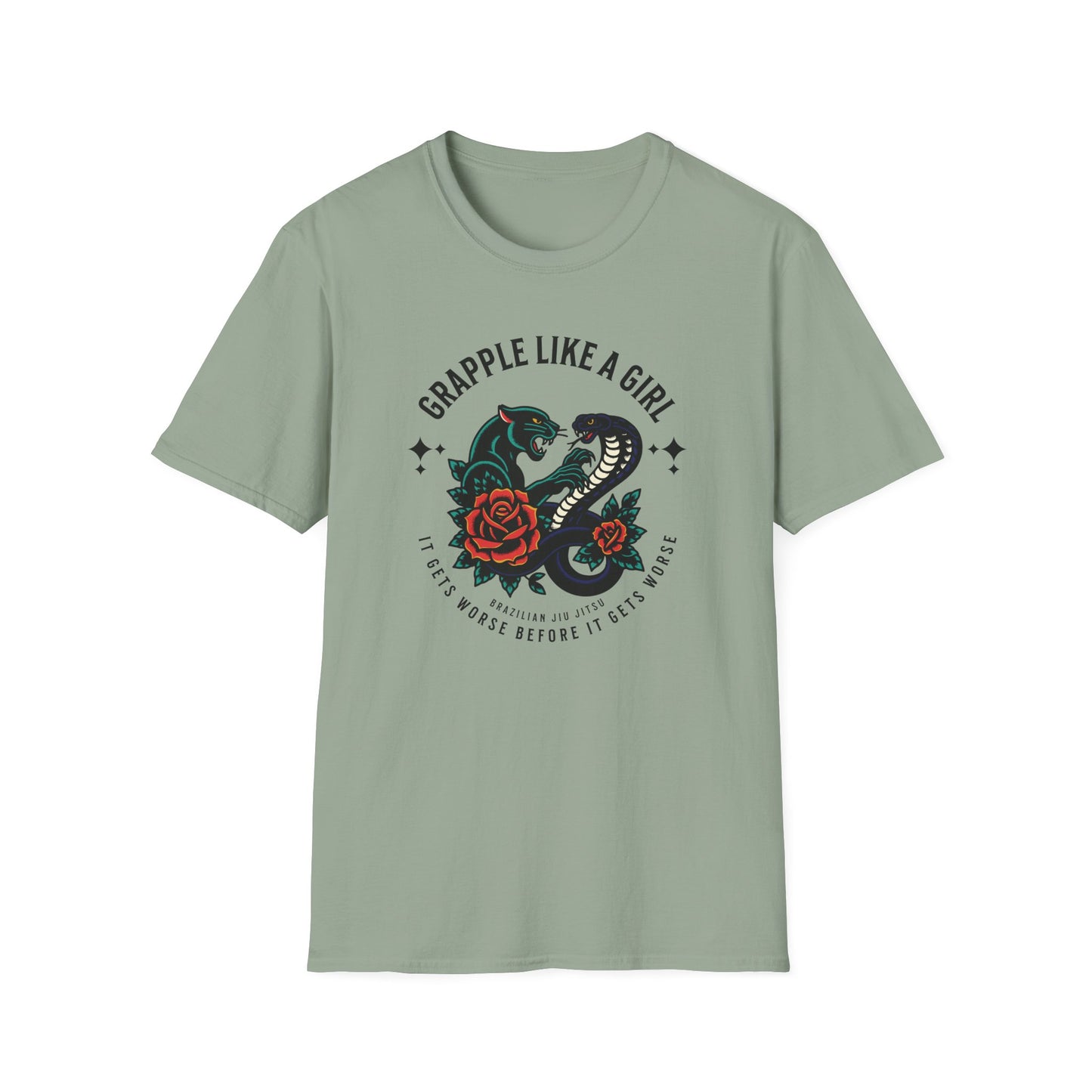 Women's Grapple like a Girl BJJ Unisex Softstyle T-Shirt - It Gets Worse