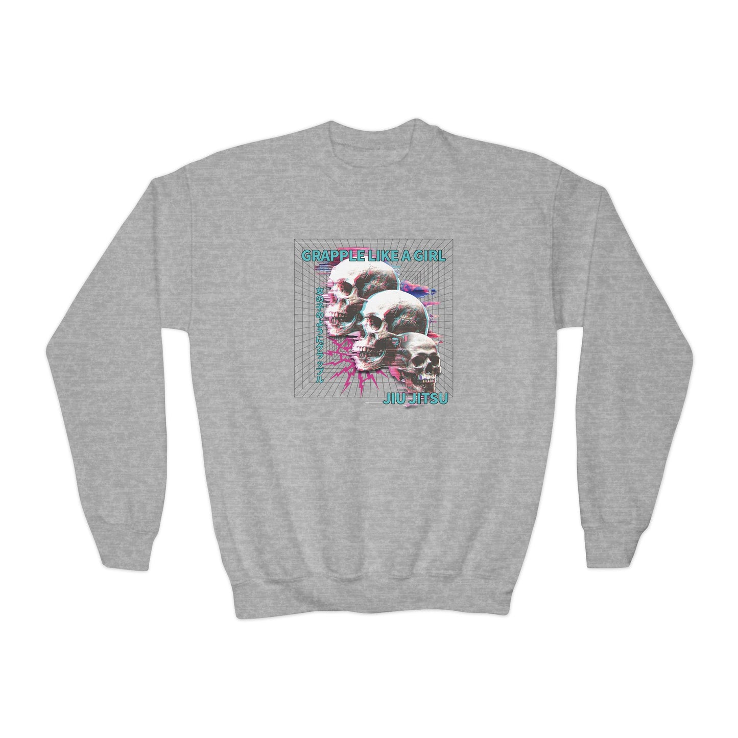 Grapple Like A Girl Youth Crewneck Sweatshirt - Neon Skulls