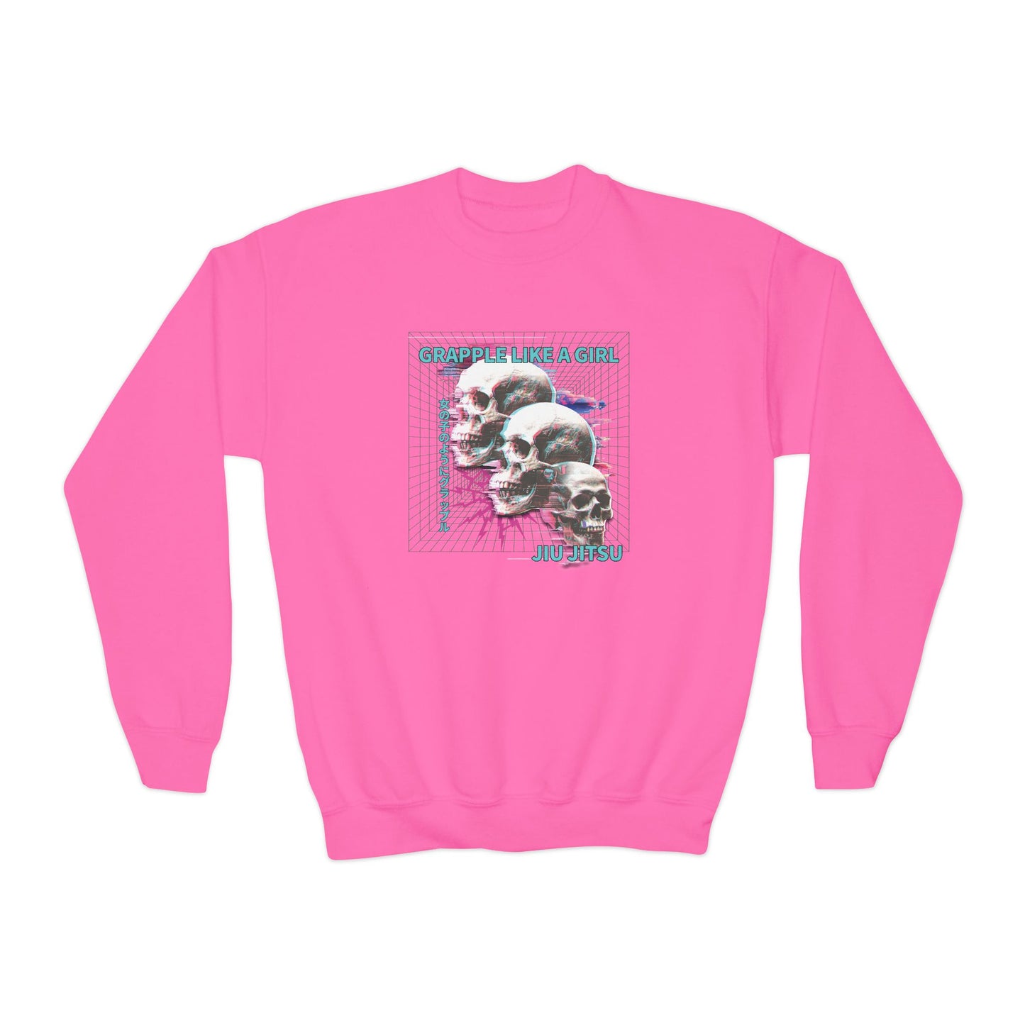 Grapple Like A Girl Youth Crewneck Sweatshirt - Neon Skulls