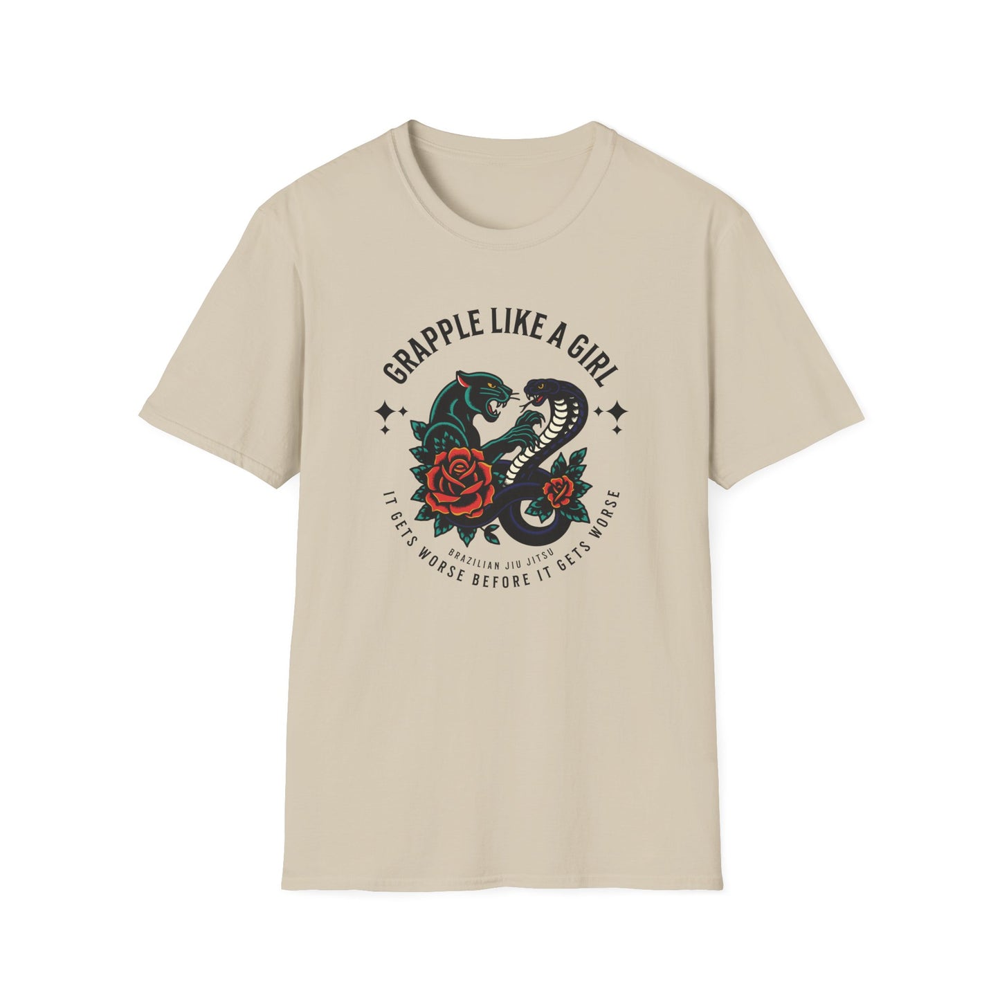 Women's Grapple like a Girl BJJ Unisex Softstyle T-Shirt - It Gets Worse
