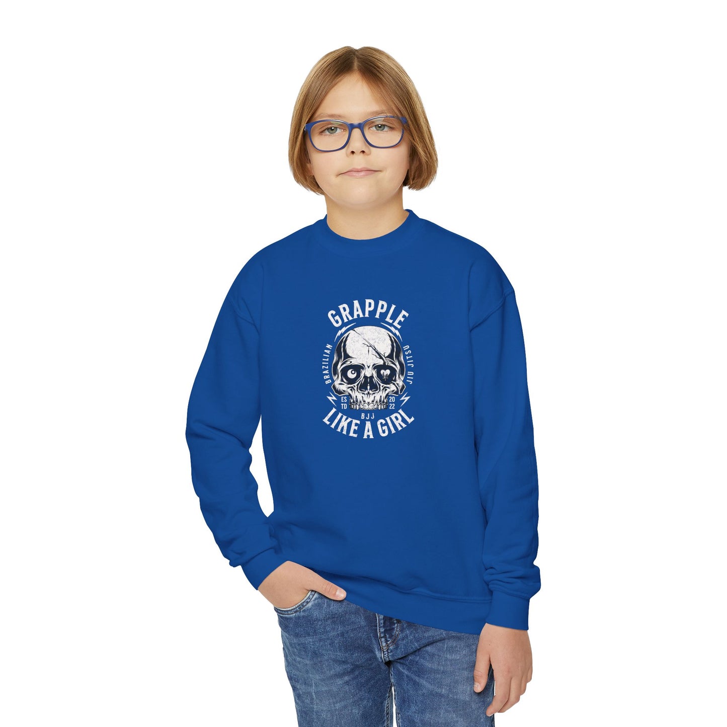 Grapple Like A Girl Youth Crewneck Sweatshirt - Skull