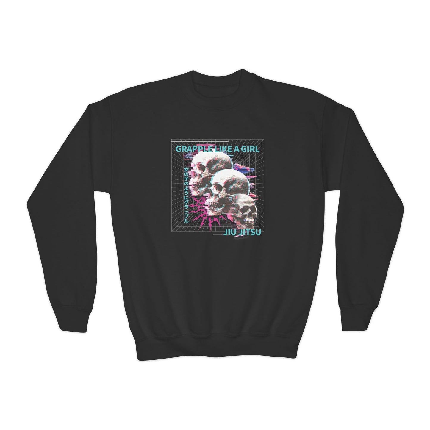 Grapple Like A Girl Youth Crewneck Sweatshirt - Neon Skulls