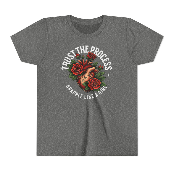 Gray t-shirt with a graphic design of a heart with roses and text on a white background