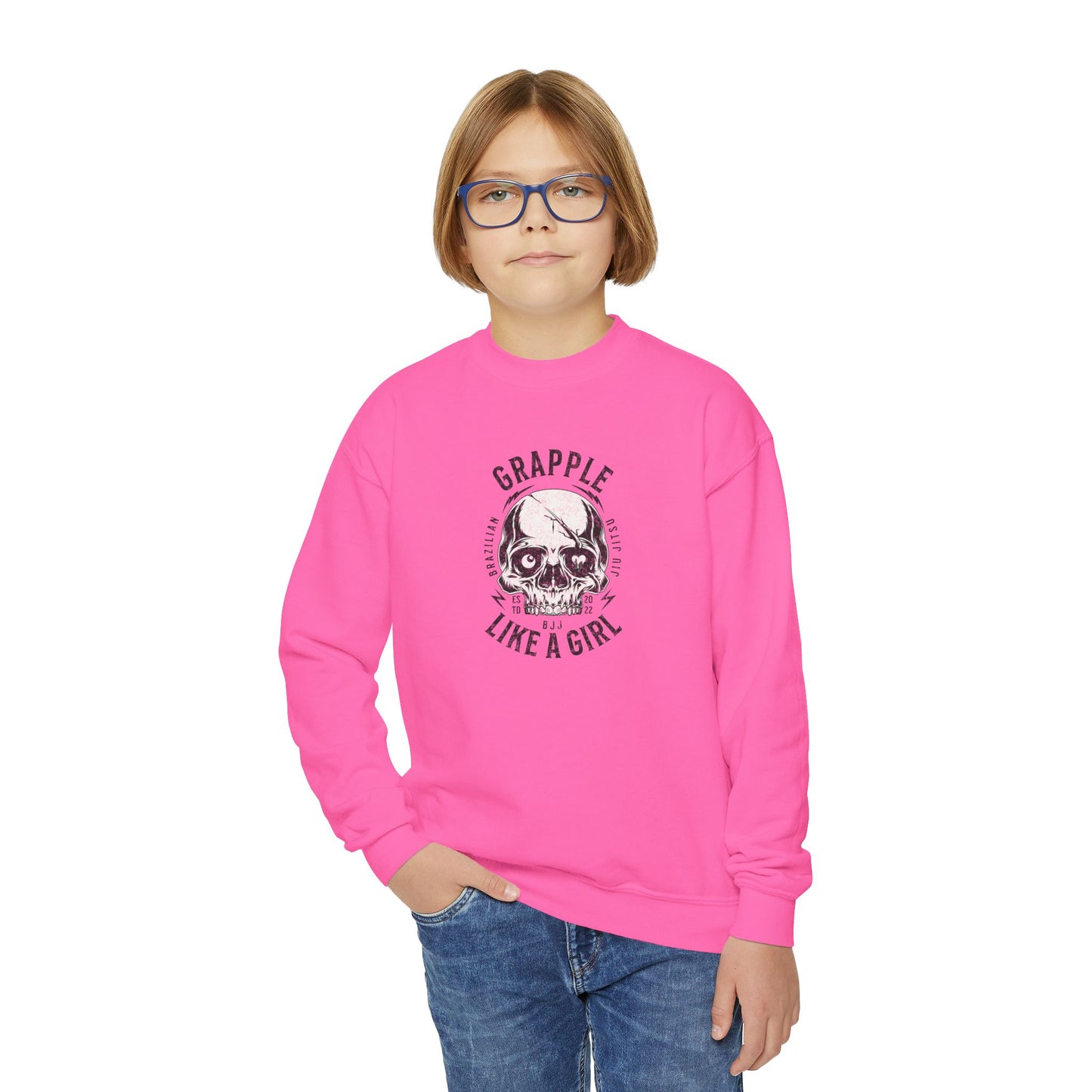 Grapple Like A Girl Youth Crewneck Sweatshirt - Skull