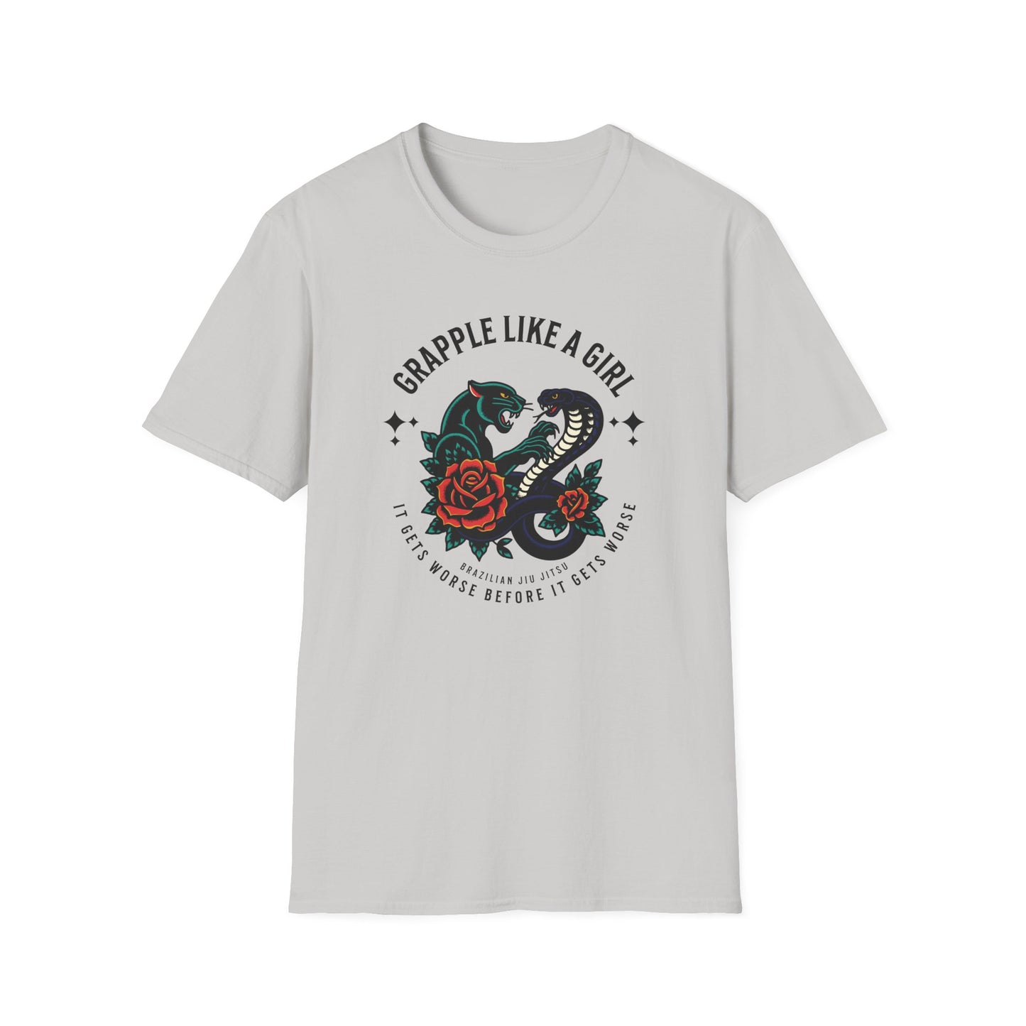 Women's Grapple like a Girl BJJ Unisex Softstyle T-Shirt - It Gets Worse