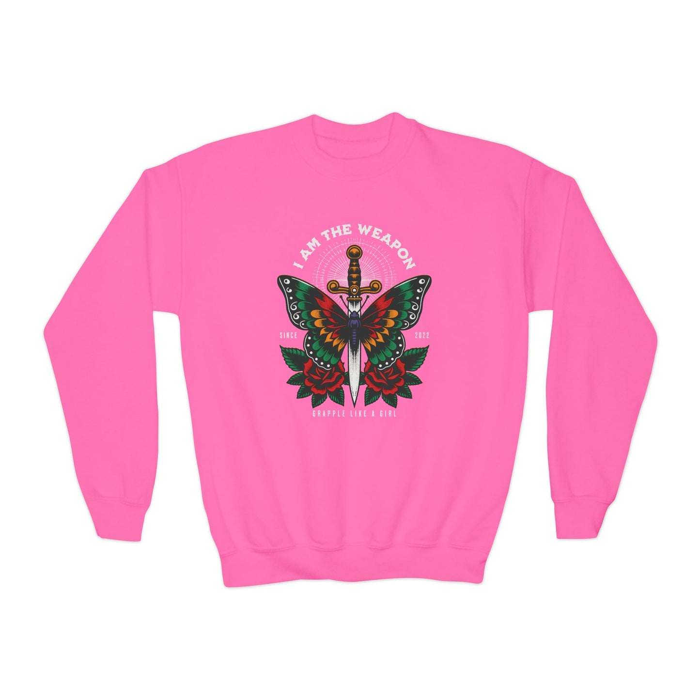Grapple Like A Girl Youth Crewneck Sweatshirt - I am the Weapon.