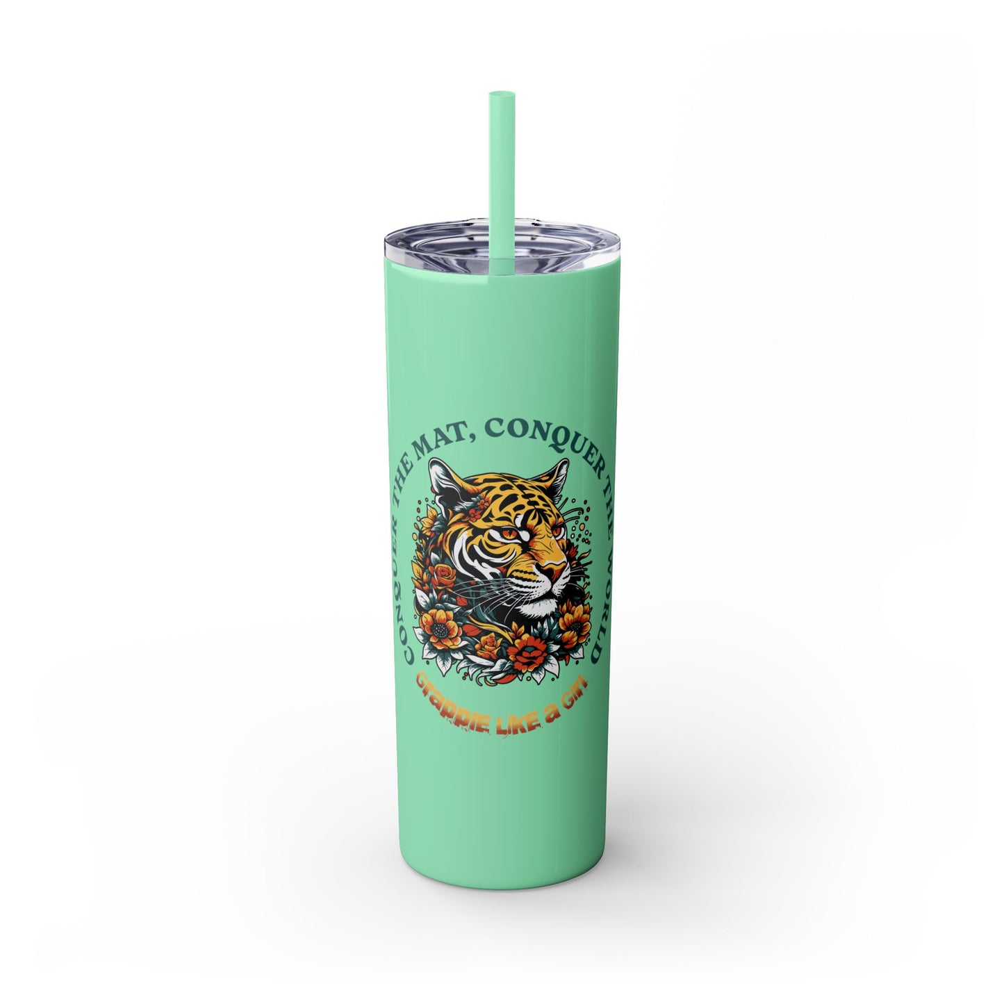 Conquer the Mats, Conquer the World Skinny Tumbler with Straw, 20oz