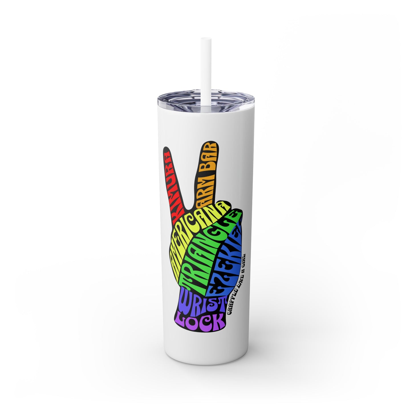 BJJ Submission Peace Sign Skinny Tumbler with Straw, 20oz