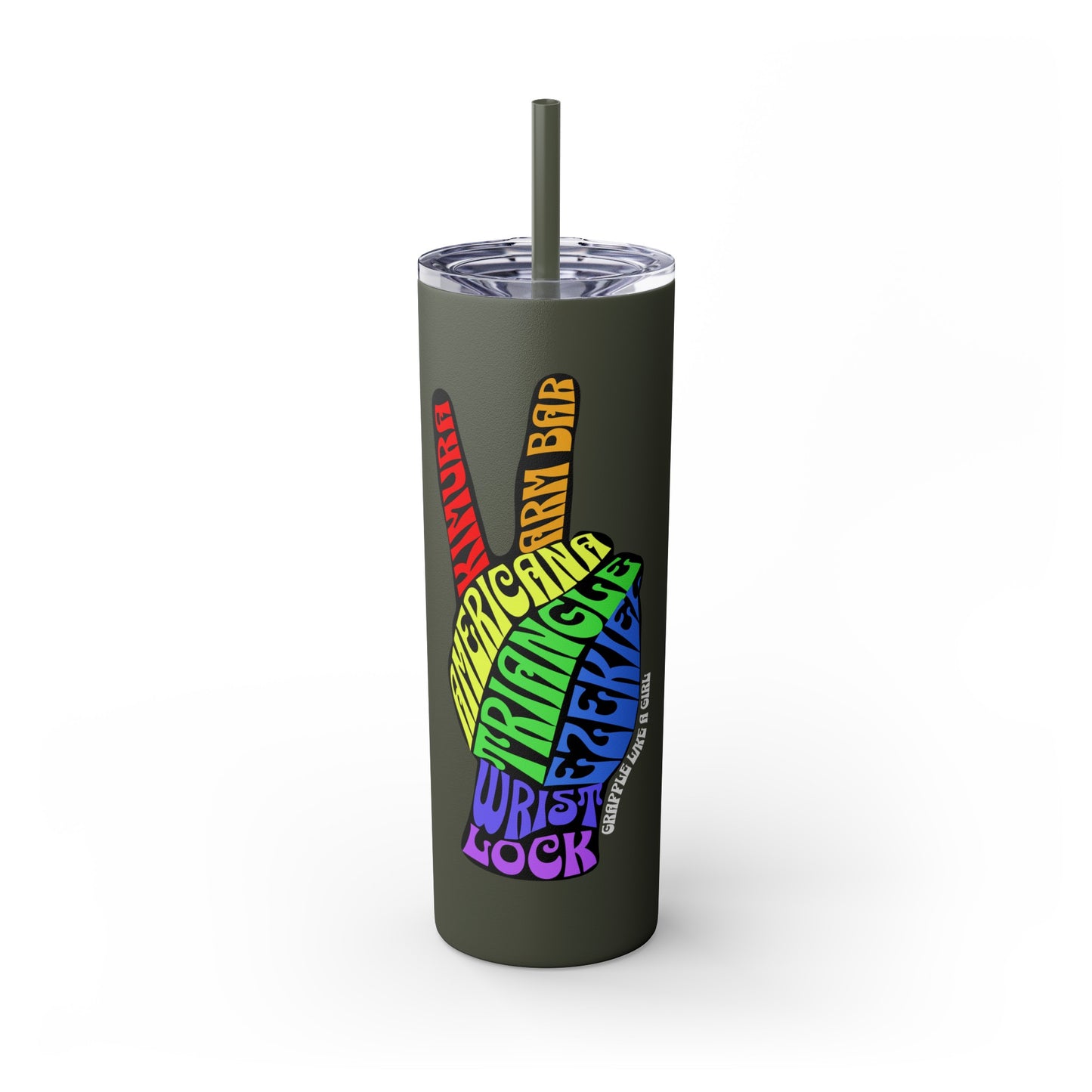 BJJ Submission Peace Sign Skinny Tumbler with Straw, 20oz