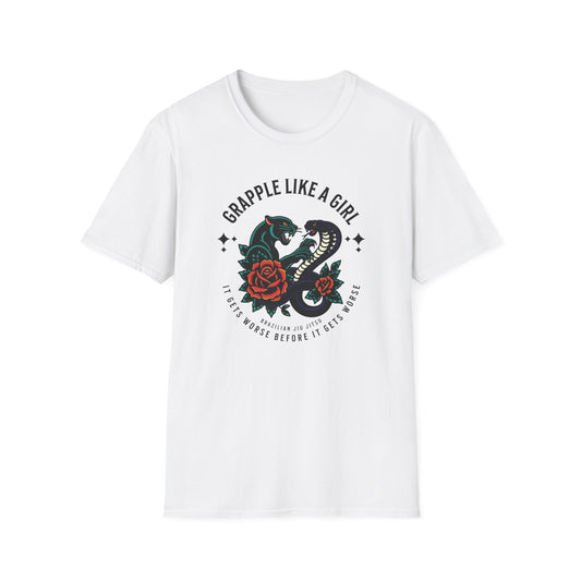 Women's  Grapple like a Girl BJJ Unisex Softstyle T-Shirt - It Gets Worse