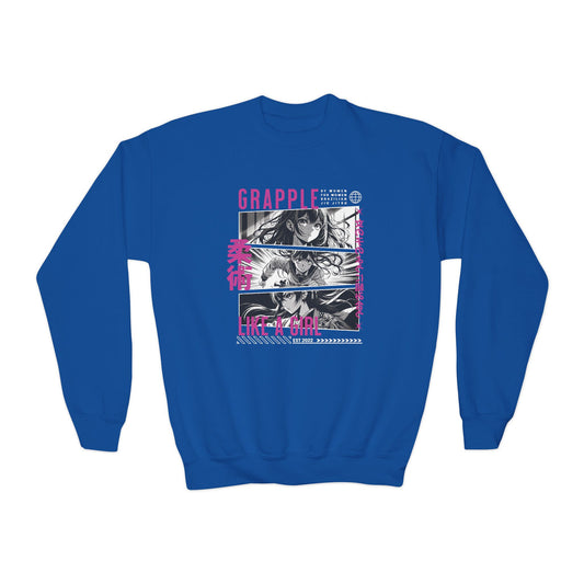 Grapple Like A Girl Youth Crewneck Sweatshirt - Anime Girl