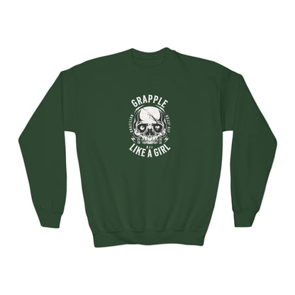 Grapple Like A Girl Youth Crewneck Sweatshirt - Skull
