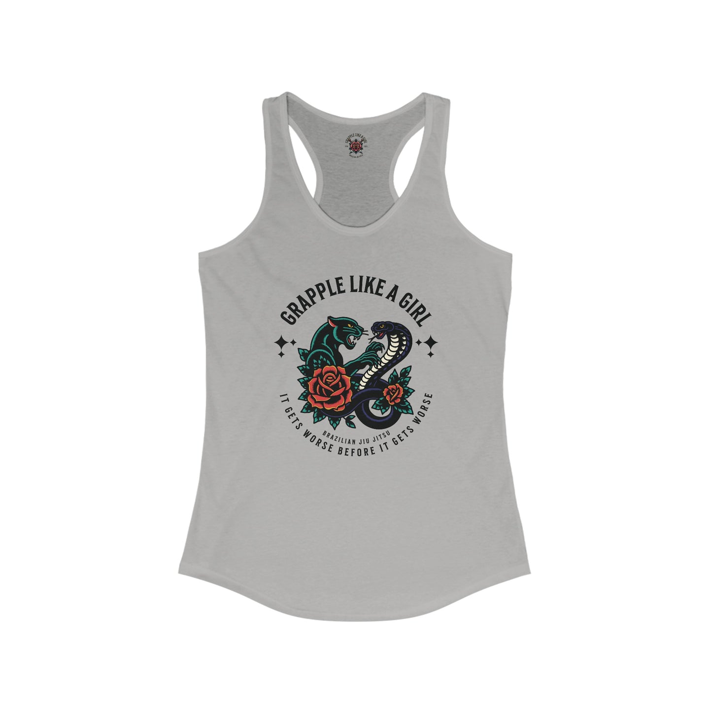 Women's Grapple like a Girl Jiu Jitsu Racerback Tank - It gets worse Snake/Panther